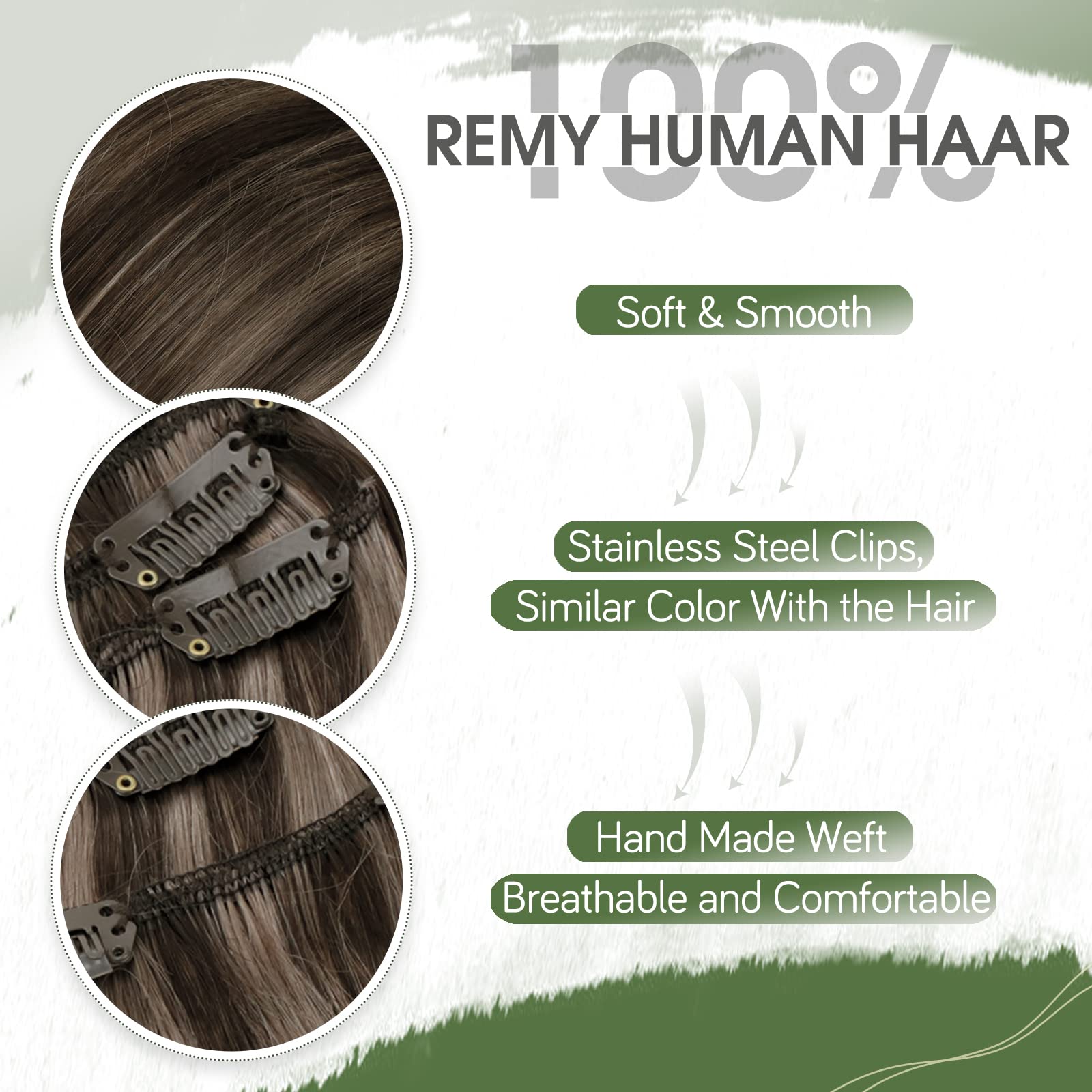 Hetto Clip in Real Human Hair Extensions Highlighted Brown Hair Clip in Hair Extensions 18 Inch Clip in Straight Real Human Hair