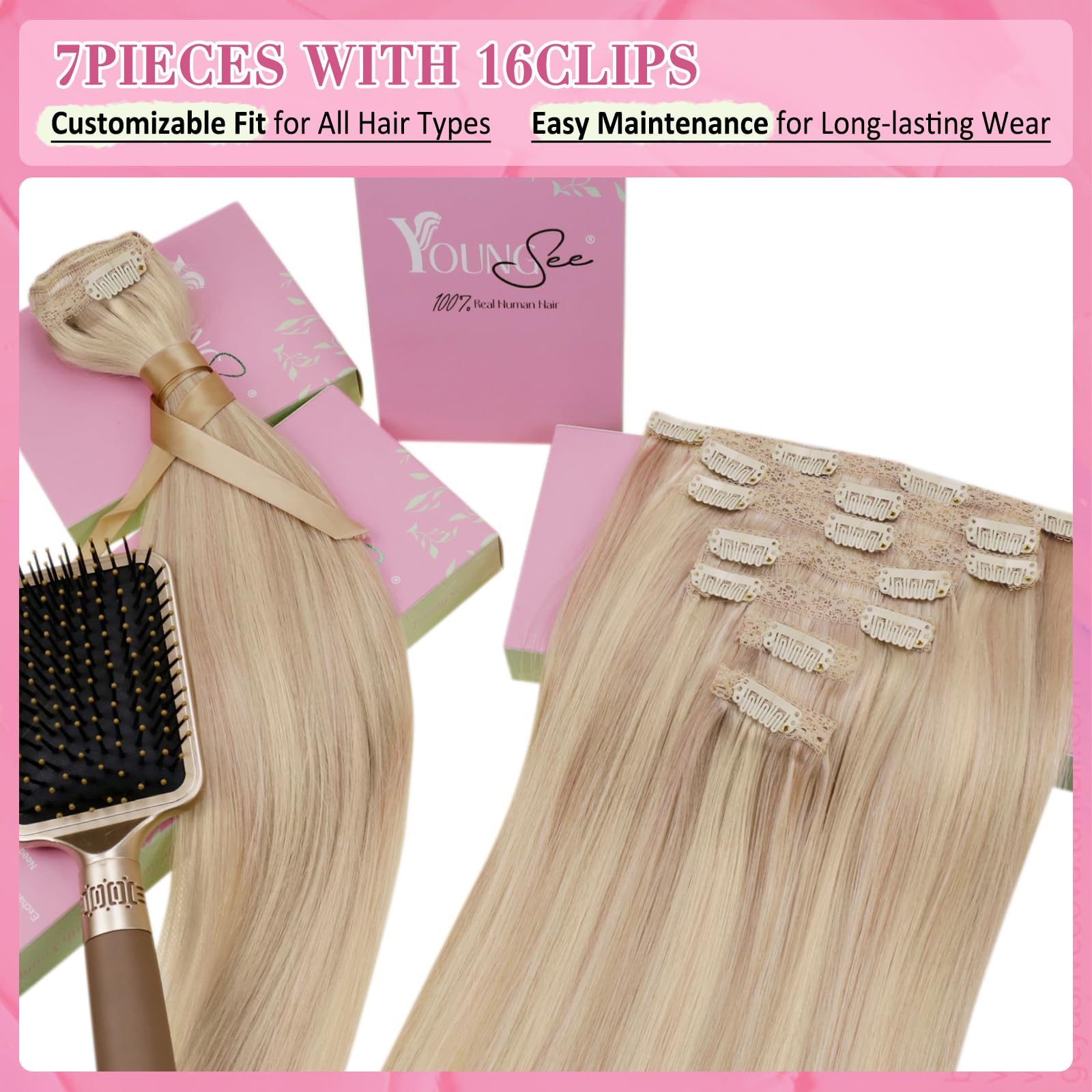YoungSee 135G Clip in Hair Extensions Highlight Straight Hair Extensions Clip ins Lace Clip on Hair Extensions Warm Ash Blonde H