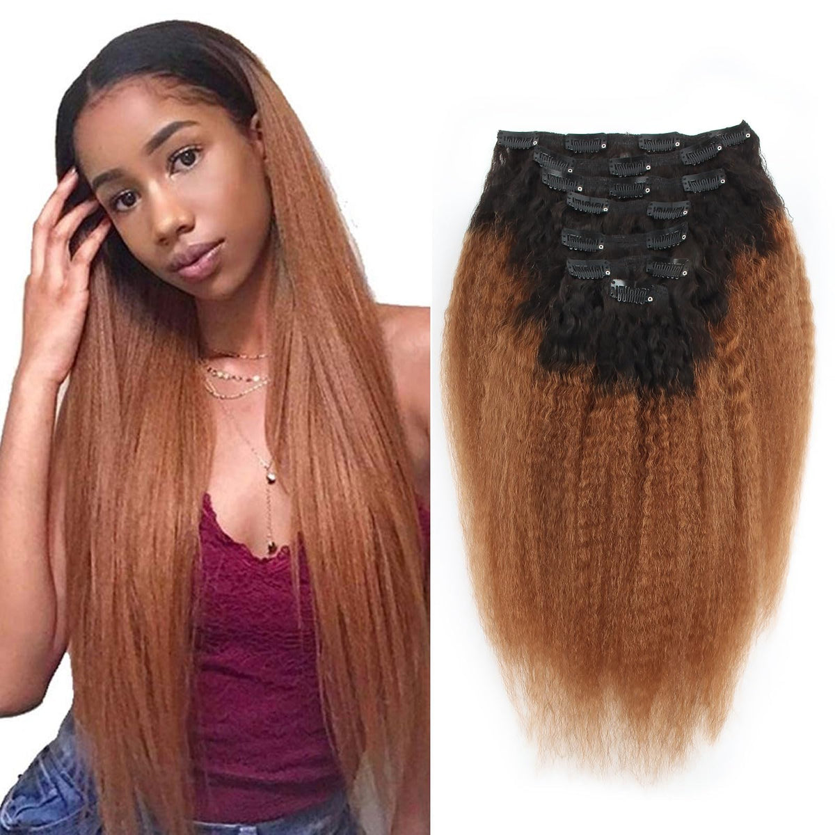 Sassina Kinky Straight Human Hair Extensions Unprocessed Brazilian Virgin Remy Human Hair for Black Women 7 Clips and 120g Gram 