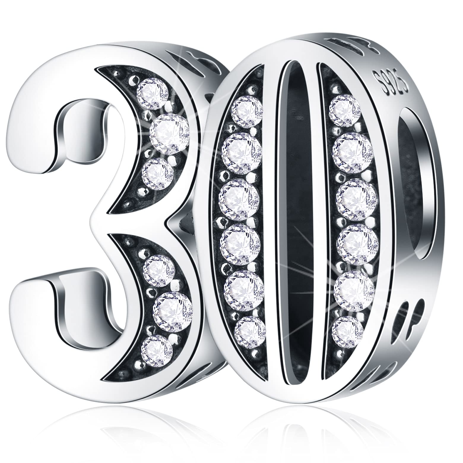 30 Birthday Charms fits Pandora Charm Bracelet, 925 Sterling Silver 30th Wedding Anniversary Beads with CZ, Number 30 Years of L