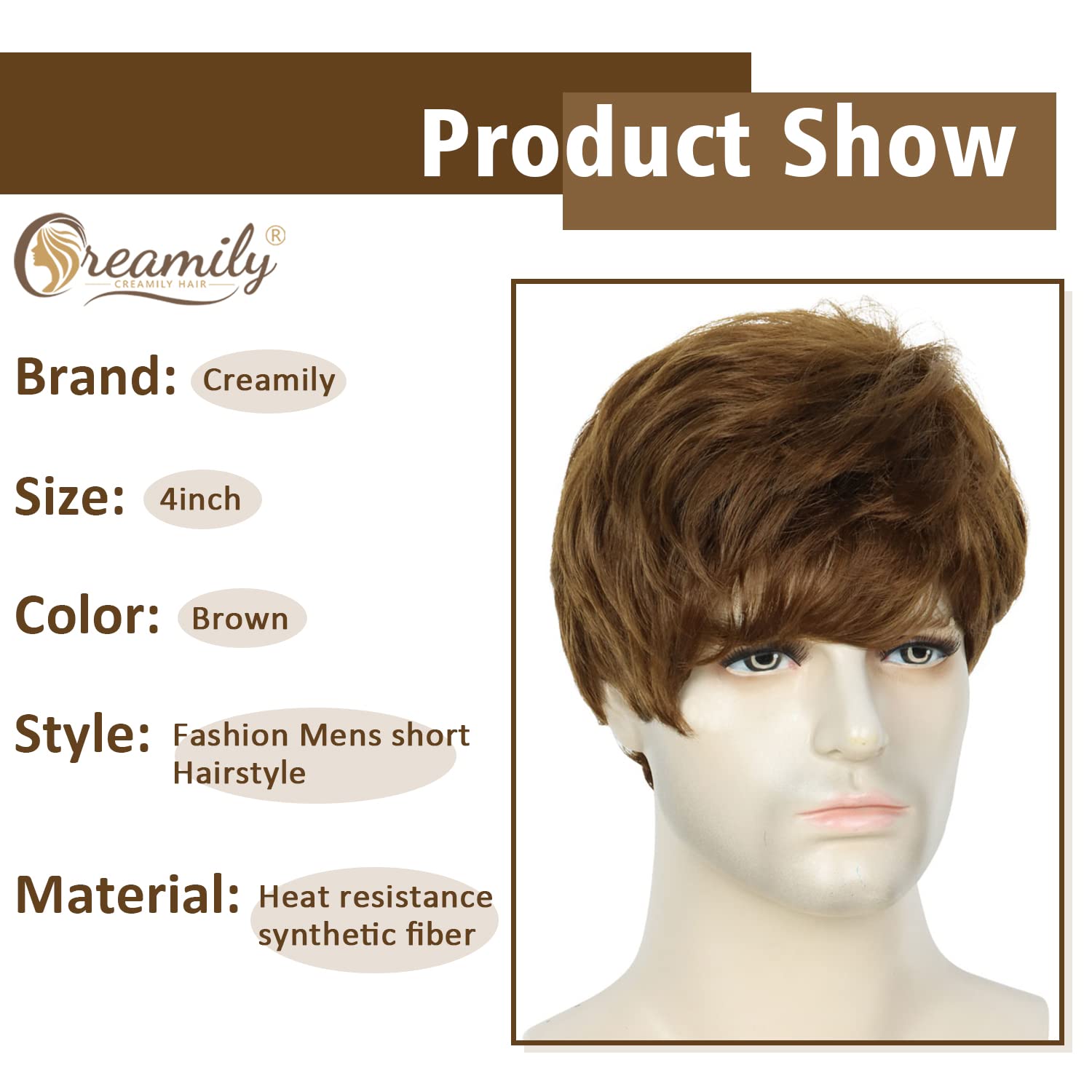 Creamily Short Brown Wig For Mens Wigs Short Hair Replacement Wig Men'S Synthetic Hair Wig Men Realistic Halloween Costumes Part