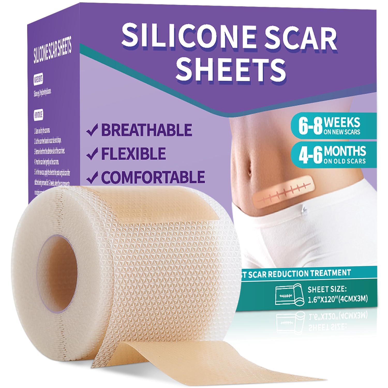 Silicone Scar Sheets, Medical Grade Silicone Scar Tape (1.6'' X 120''), Professional Scar Removal Treatment, Reusable, For Heali