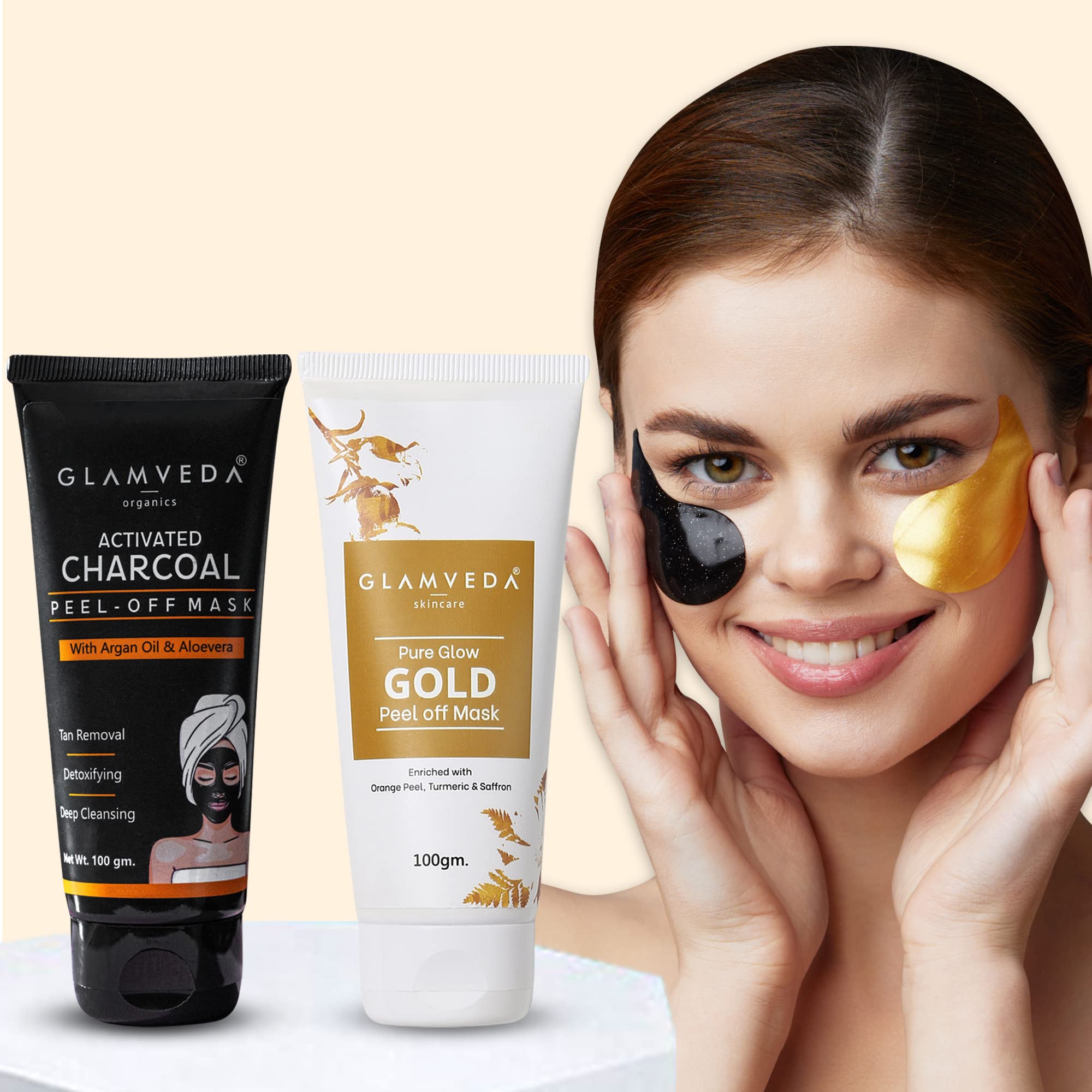Glamveda Activated Charcoal Black Peel Off Mask & Golden Glow Face Mask For Men & Women | Removes Blackheads & Whiteheads | Acti
