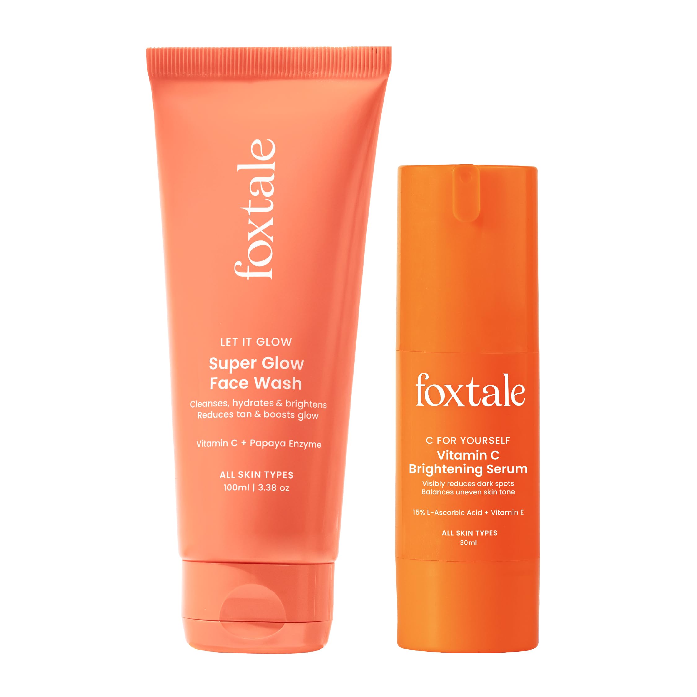 Foxtale Glow & Go Duo | Vitamin C Face Wash With Papaya Enzyme + 15% L-Ascorbic Acid Vitamin C Serum | Brightening, Detan & Glow