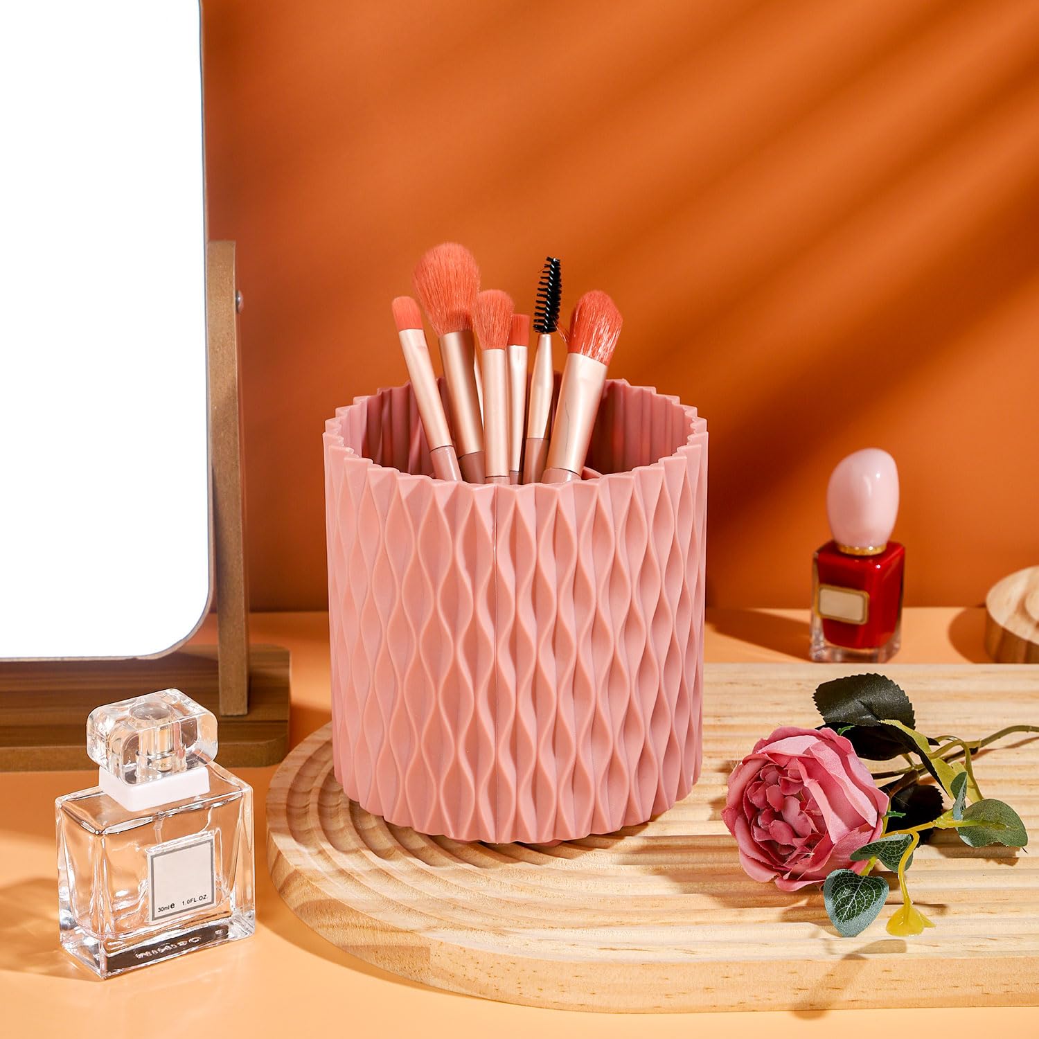RAMFIYN Pink 360 Rotating Makeup Organizer, Spinning Makeup Brush Holder, Unique Textured Makeup Brush Cups for Vanity Decor, Li