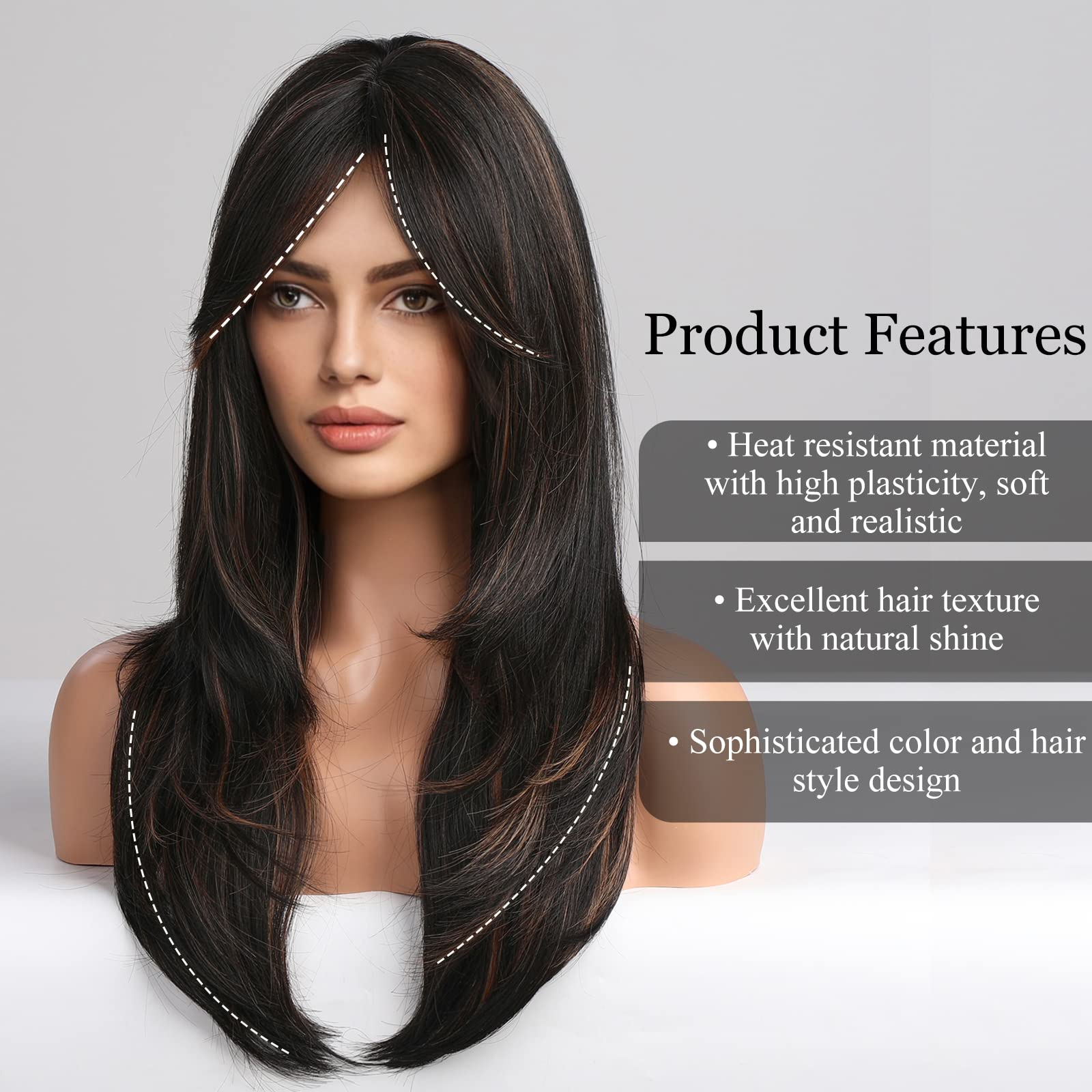 HAIRCUBE Black Wigs for Women,Long Layered Black with Blonde Highlight Wigs with Bangs Heat Resistant Synthetic Fibre Wigs(peluc
