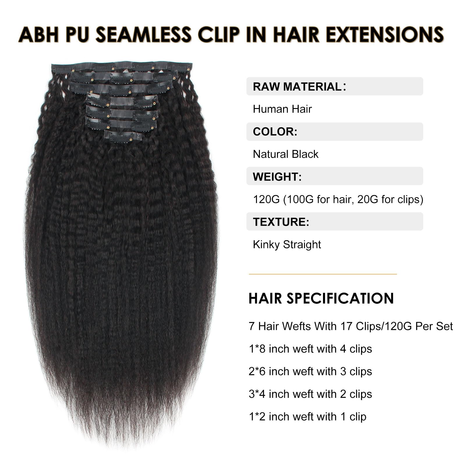 ABH AMAZINGBEAUTY HAIR Kinky Straight Human Hair Extensions Clip ins Brazilian Virgin Hair Full Head Seamless Clip ins for Black
