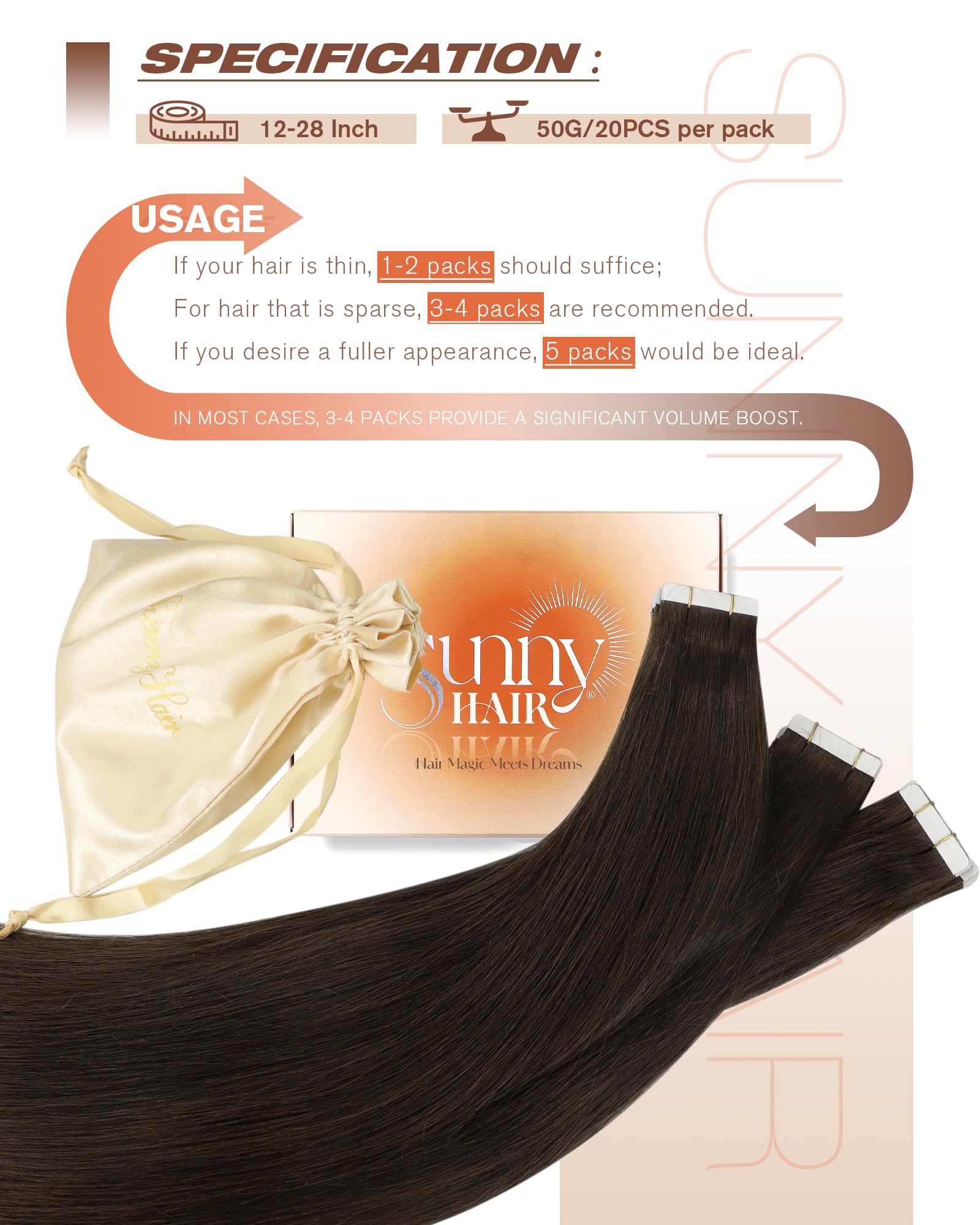 Sunny Hair Tape in Hair Extensions Real Human Hair Invisible Remy Hair Extensions Tape ins for Women Dark Brown 20 inch 20Pcs 50