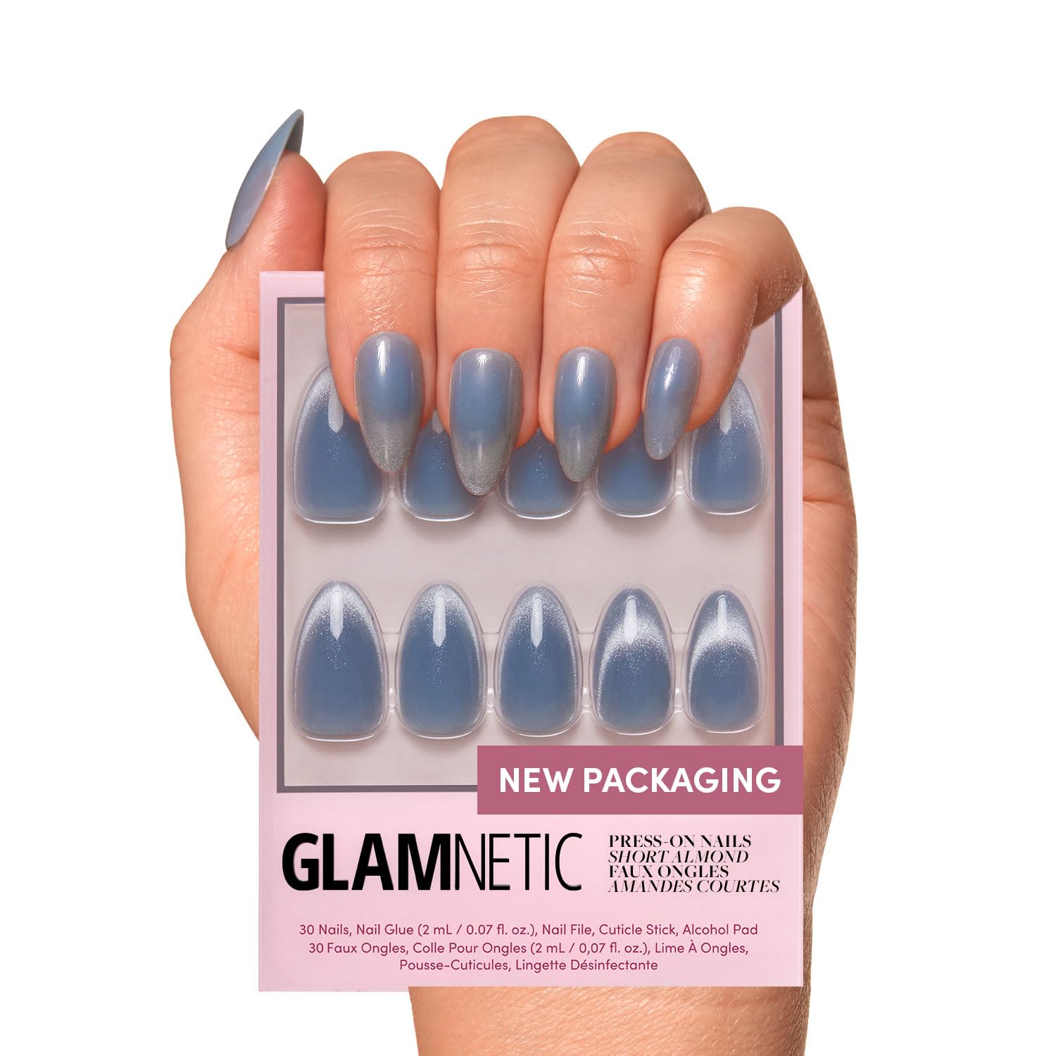 Glamnetic Press On Nails - Baby Blues | Short Almond, Pastel Blue Nails with a Mesmerizing Metallic Finish | 15 Sizes - 30 Nail 