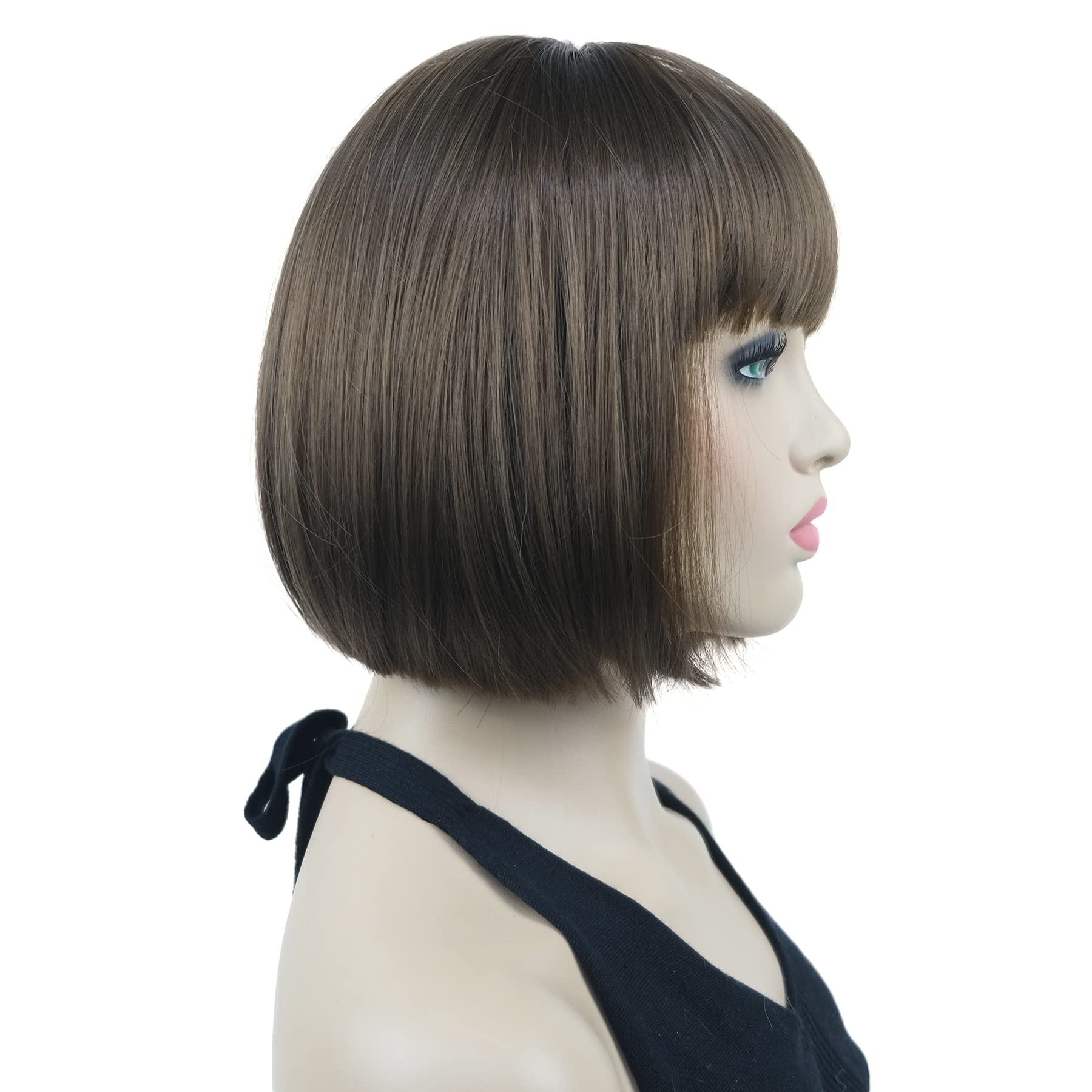 Lydell 8'' Straight Short Bob Wigs Heat Resistant Synthetic Hair Flat Bangs Cute Central Dot Skin (10 Medium Golden Brown)