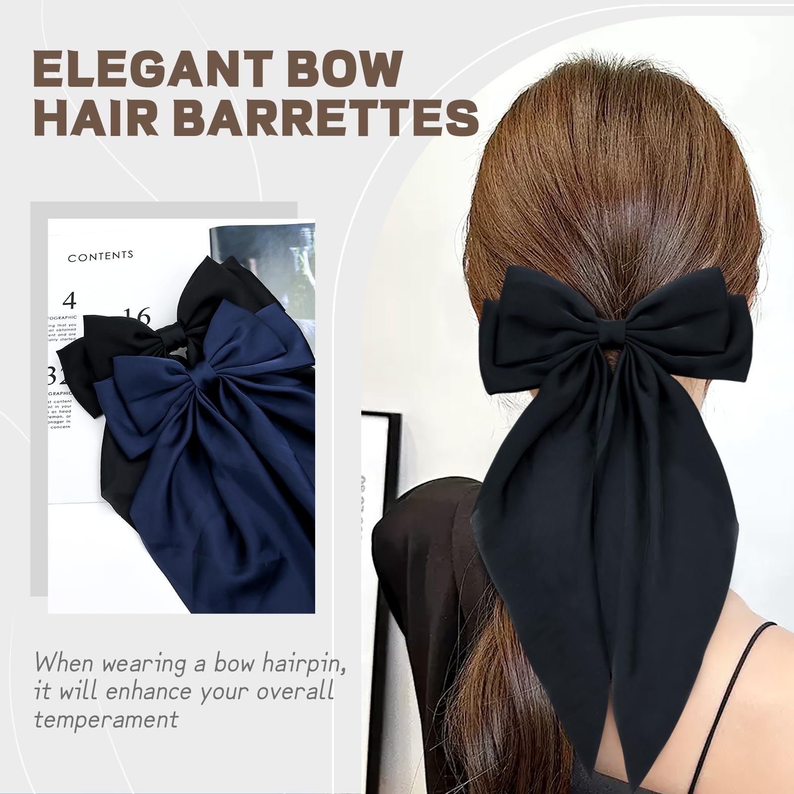 Cinaci 4 Pieces Large Big Oversized Satin Chiffon Hair Bows With Long Tail French Barrettes Hair Clips Accessories For Women Gir