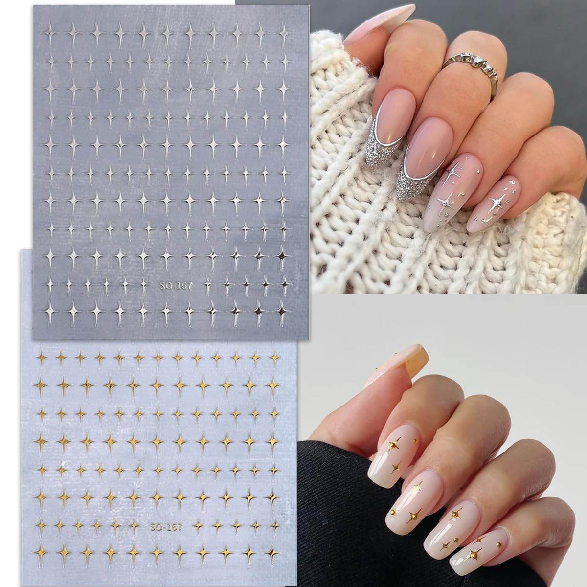 6 Sheets Shiny Star Nail Stickers For Nail Art 3D Glitter Gold Silver Star Luxury Rhinestones Nail Design Stickers Black White S