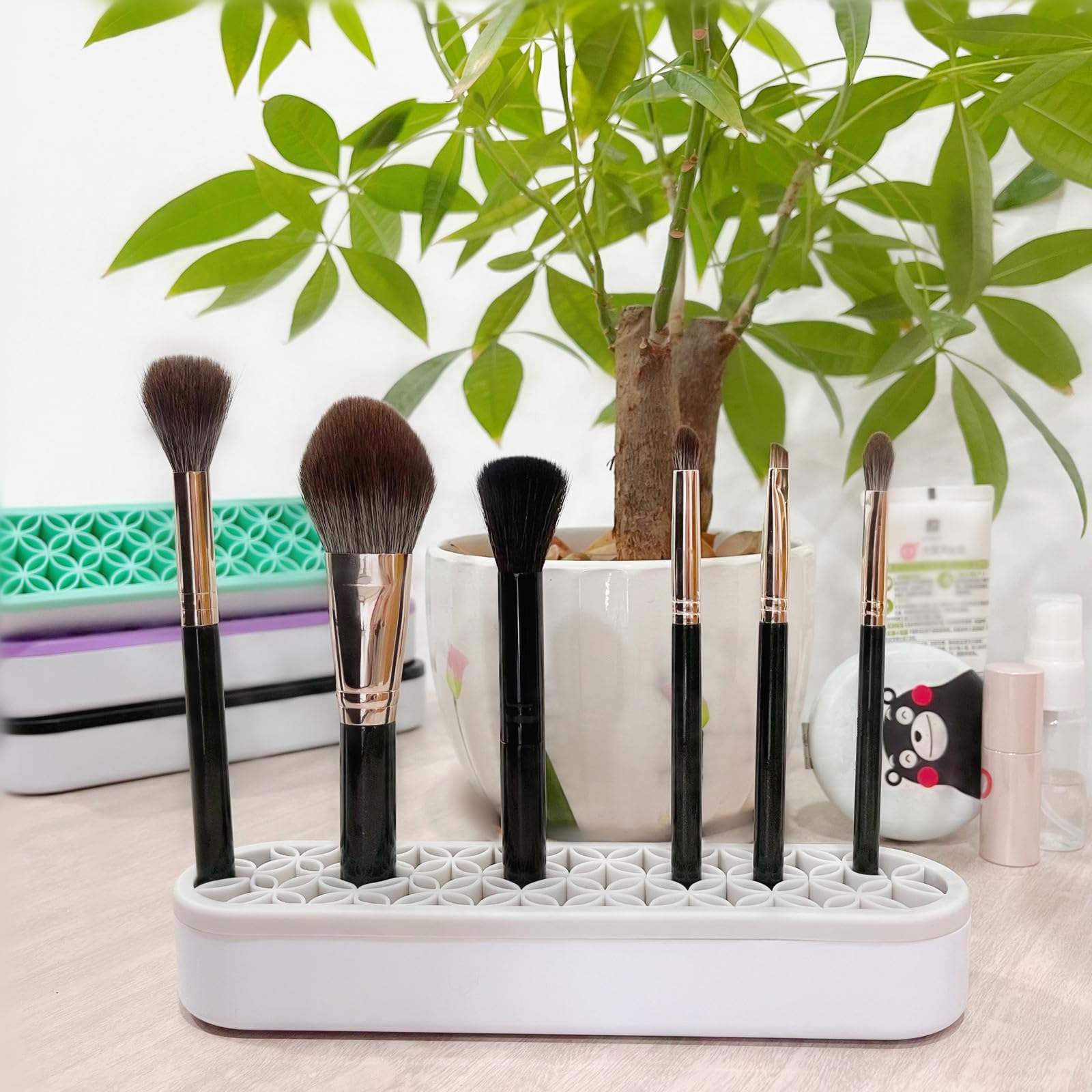 Tang Song 1 Pcs Silicone Make Up Brush Holder Cosmetic Storage Box Desktop Organizers (Gray)