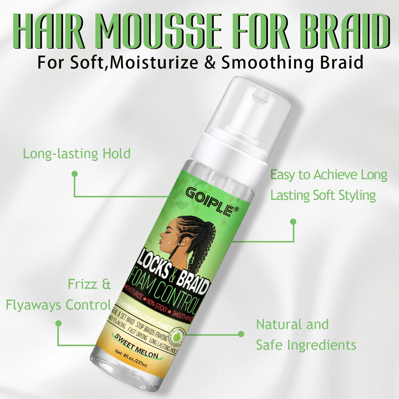 Goiple Braid Mousse, 8 Fl Oz For Braids Twist, Locs - Long-Lasting Hold, Frizz Control, High Shine And Moisturizes, Sugar Melon