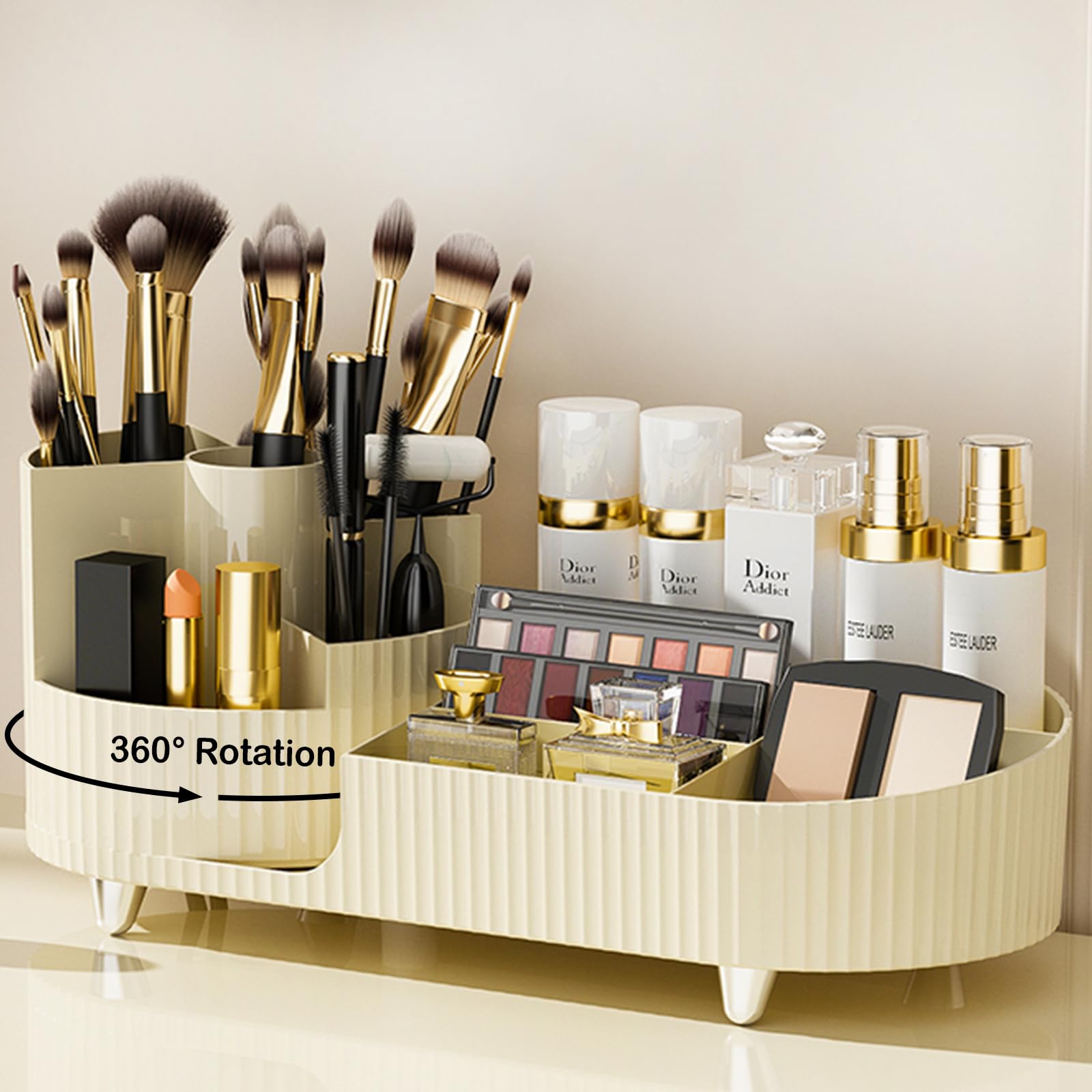 New 360 Rotating Makeup Organizer For Vanity With Brush Holder, Cosmetic Makeup Storage Organizer, Large Spinning Makeup Skincar