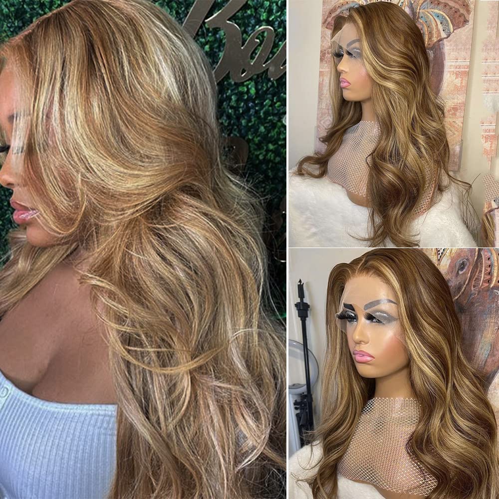 Brown Highlights 13X4 Lace Front Wig Human Hair,Brown With Blonde Highlights Mixed Colored Skily Straight Ombre Lace Front Human