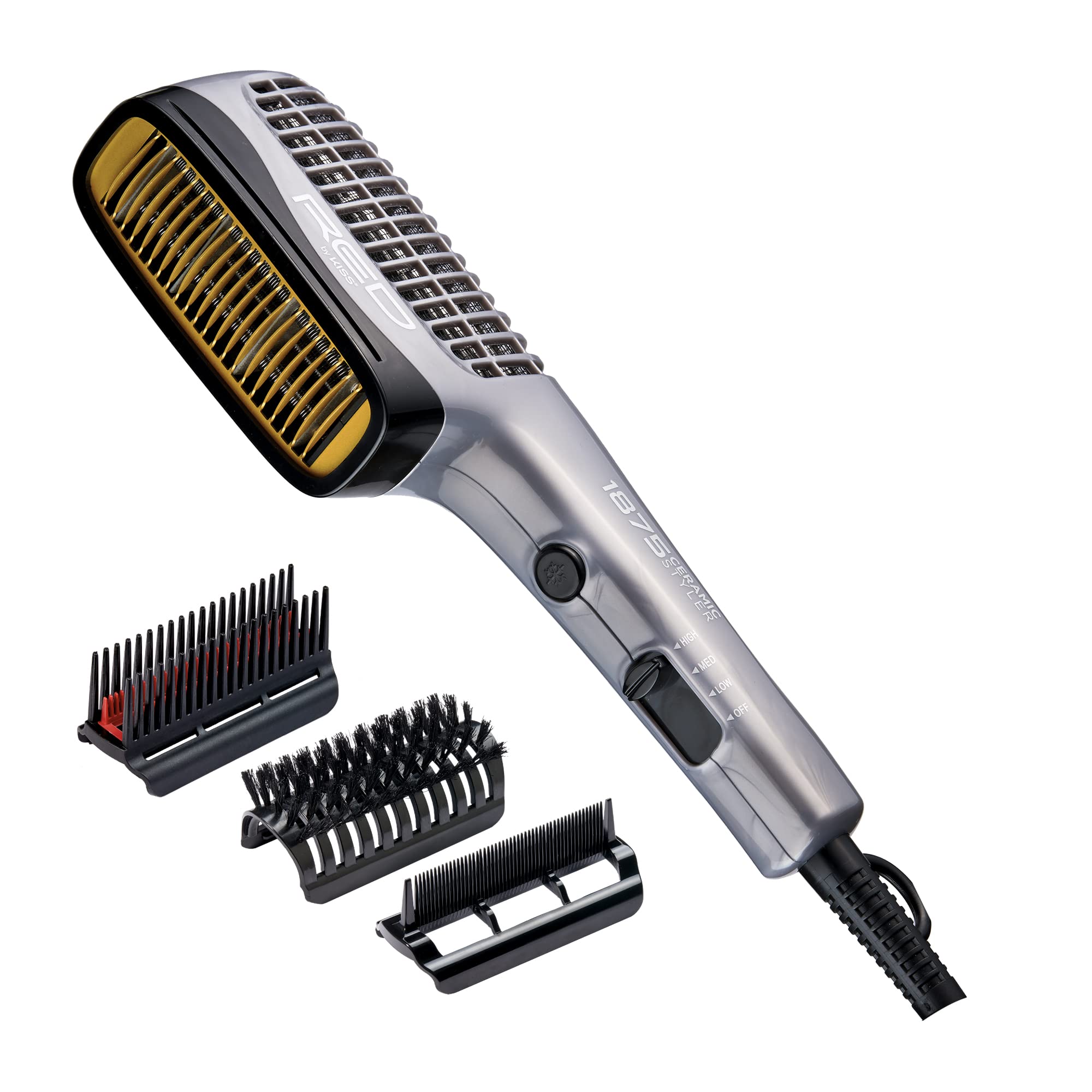 RED by KISS 1875 Ceramic Ionic Hair Styler with Detangler Pik, Professional Quick Blow Dry Comb, 4 Heat/Speed Settings, Cool Sho