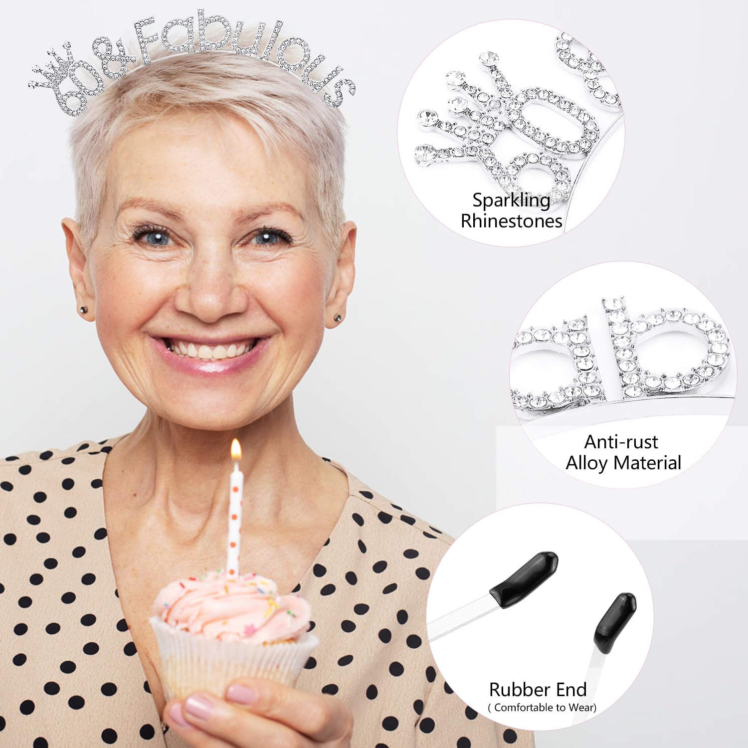 Atoden 60th Birthday Decorations 60 and Fabulous Headbands for Women Silver Tiara Crown Gifts for Women