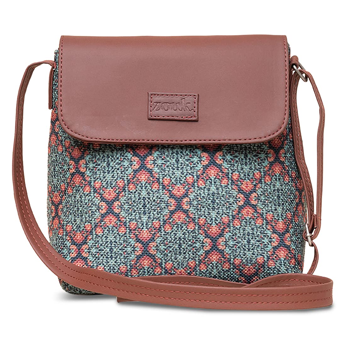 ZOUK Kolkata Nouveau Motif Printed Womens Hand Crafted Vegan Leather Green Flap Sling Bag