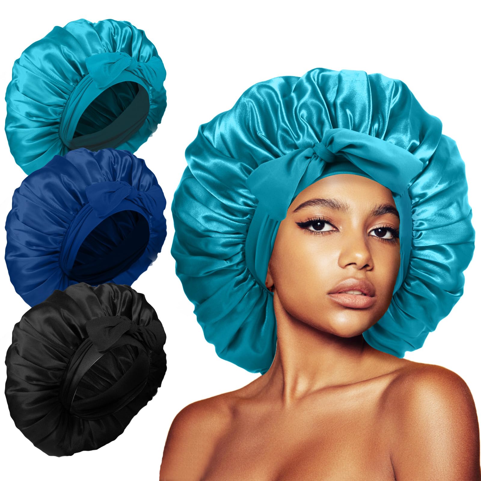3Pcs Silk Bonnet For Sleeping Women, Satin Hair Bonnets For Curly Hair, Jumbo Bonnet With Tie Band Braids Shower Cap