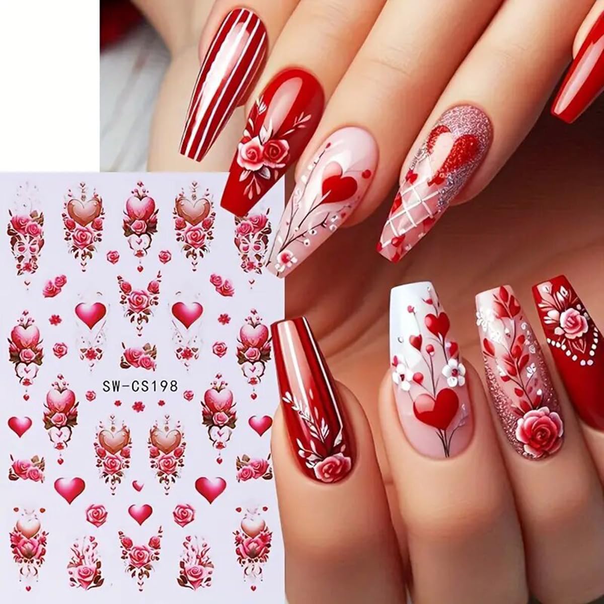 Valentine'S Day Nail Art Sticker Decals Red Love Heart Rose Nail Stickers 6Pcs 3D Self-Adhesive Love Heart Tree Rose Valentines
