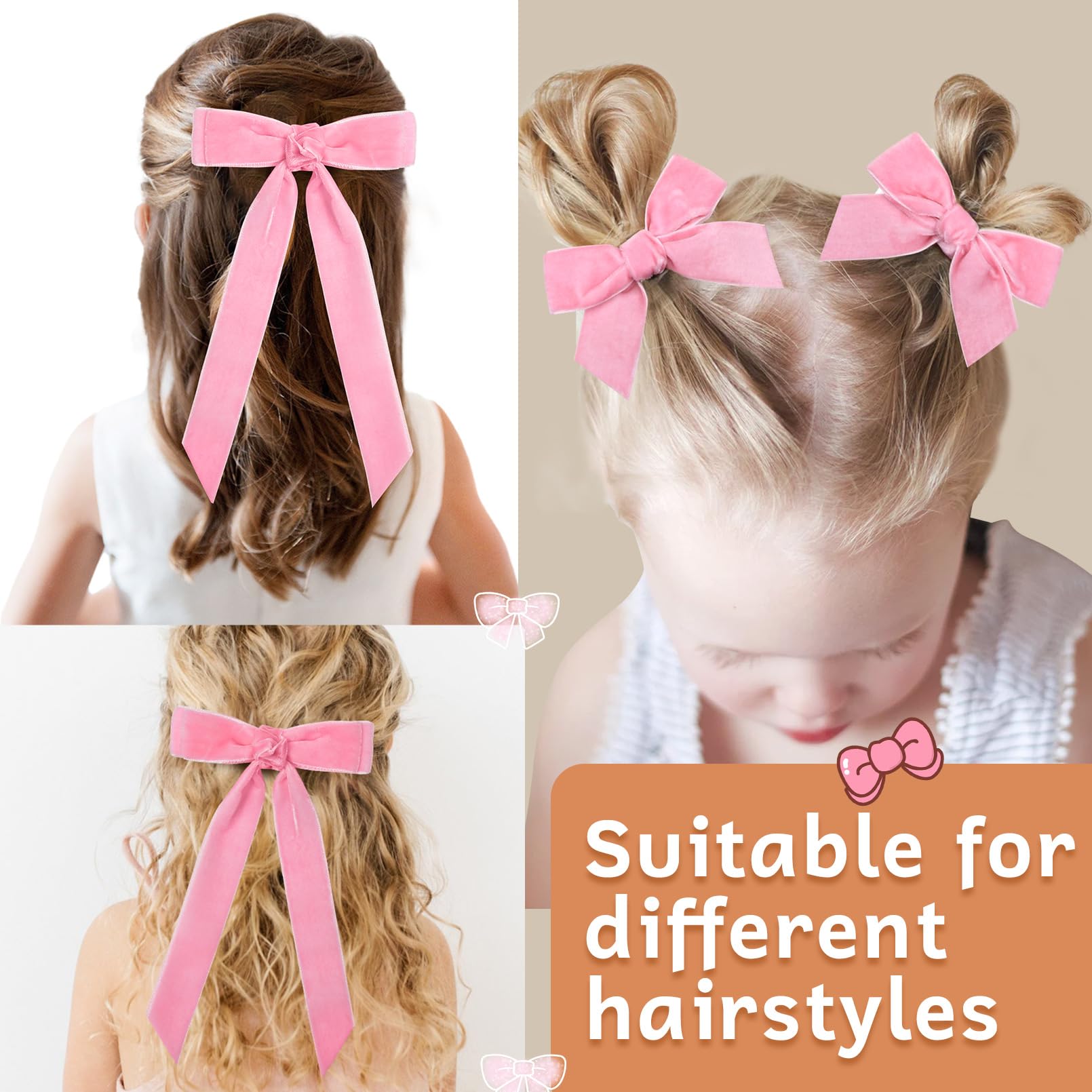 3Pcs Velvet Hair Bow Pink Hair Ribbon Clips For Women Girls Fall Alligator Hair Clips Hair Accessories Toddlers Kids Teens
