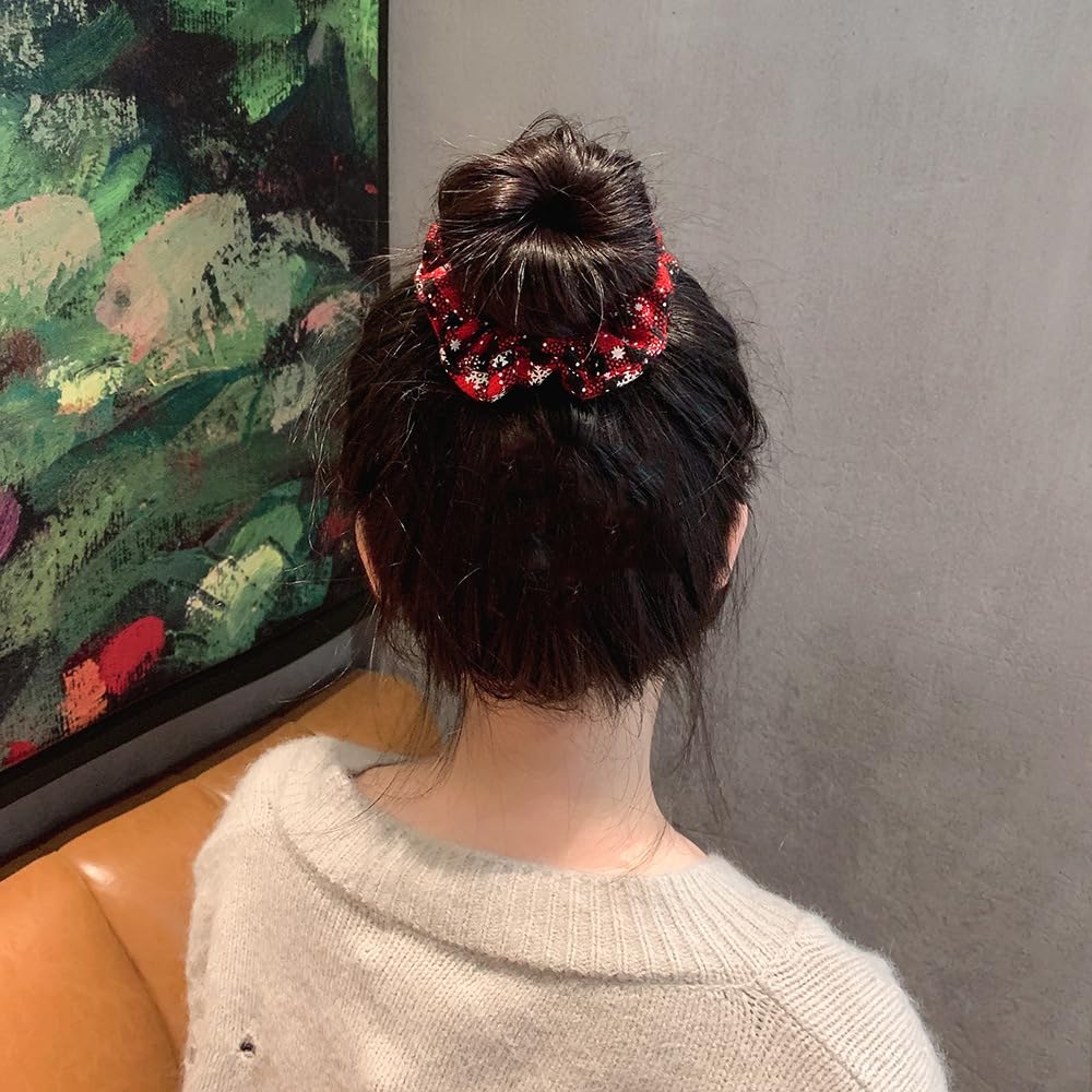 4 Packs Christmas Scrunchies Hair Bands Soft Elastic Hair Ties Plaid Hair Scrunchy Ties Snowflake Print Design Hair Scrunchy Chr