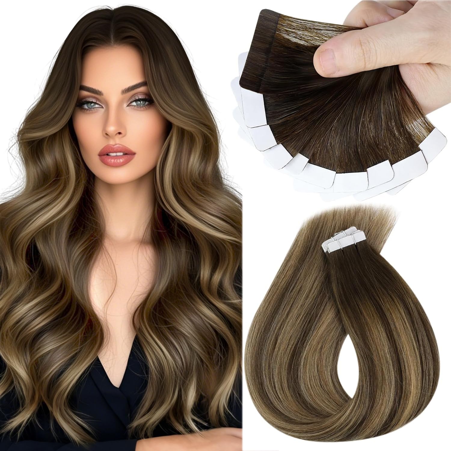 Sunny Hair Tape in Hair Extensions Real Human Hair Invisible Remy Hair Extensions Tape ins for Women Dark Brown Ombre Caramel Bl