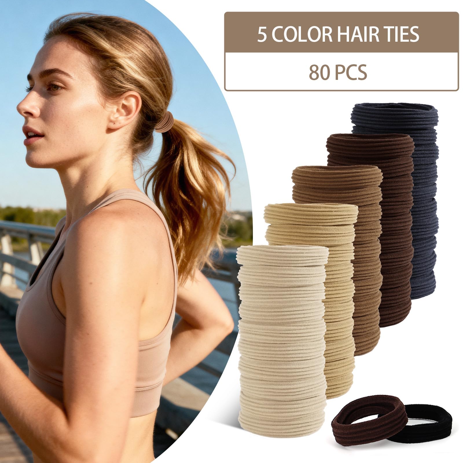 Bessrung 80 Pcs Brown Hair Ties No Damage, Seamless Elastic Hair Ties for Women Girls, Strong, Stretchy Hair Bands, Soft Nylon P
