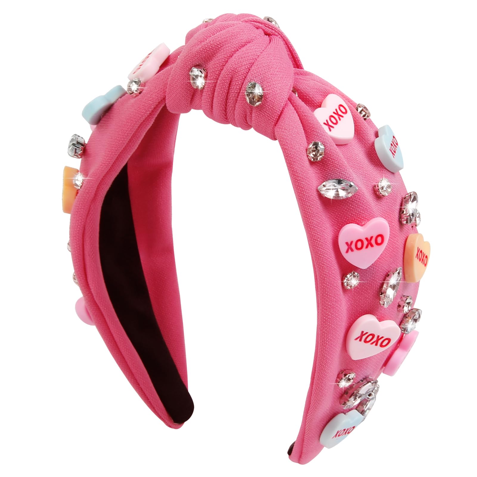 TEBIEKOY Valentine's Day Knotted Headband for Women Love Massage Heart Headband Red Pink Crystal Rhinestone Headband Non Slip Wi