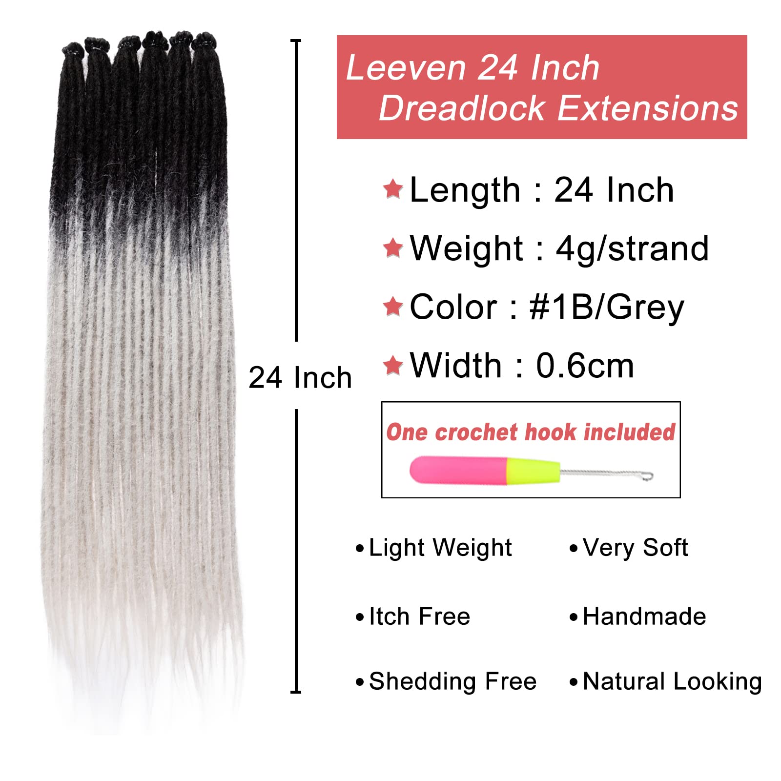 Leeven 0.6 Cm Width Handmade Dreadlock Extensions 24 Inch Ombre Grey Single Ended Dreads 20 Strands Synthetic Crochet Hair Soft