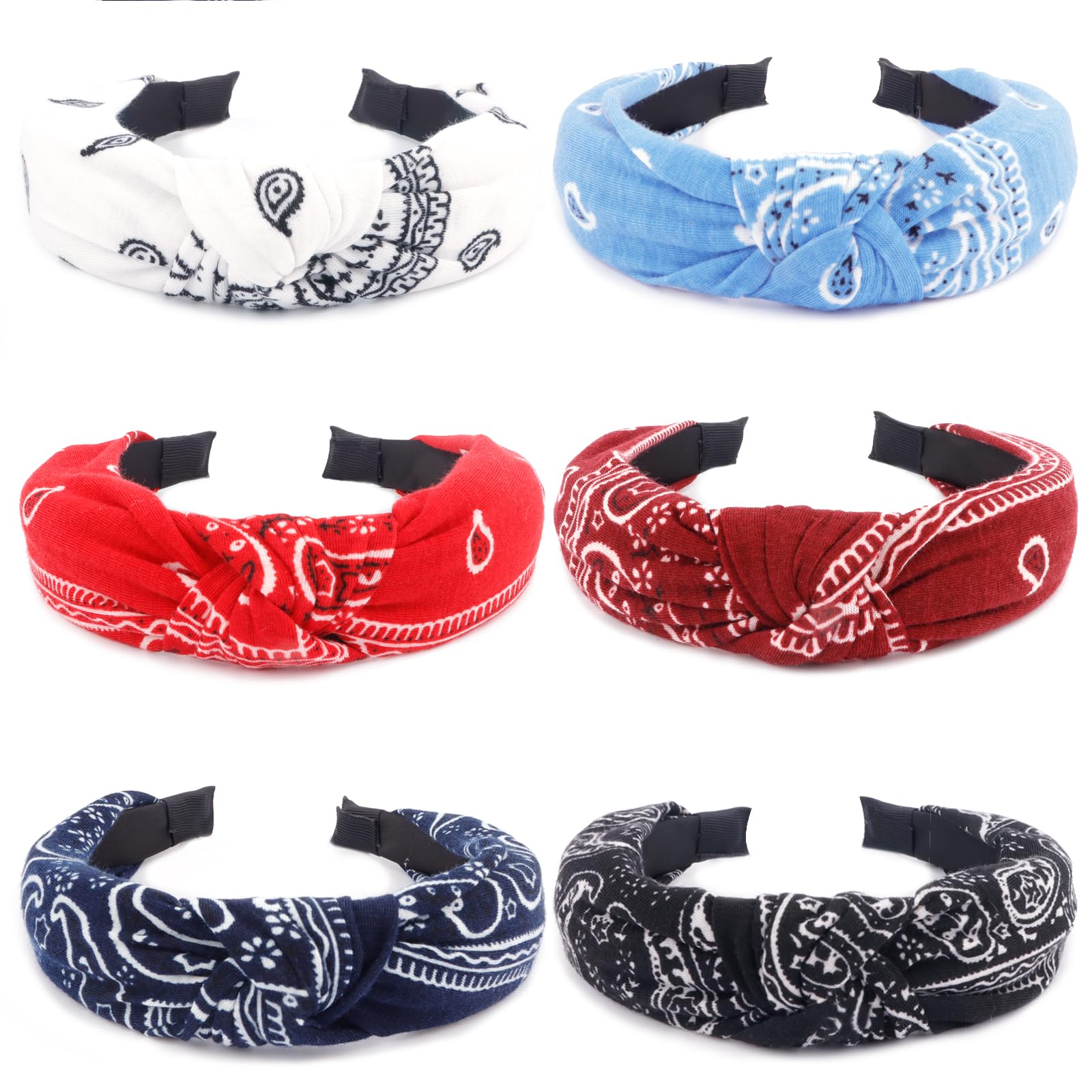 TOBATOBA Bandana Headbands, 6pcs Paisley Vintage Boho Knotted Non-Slip Red Headbands for Women