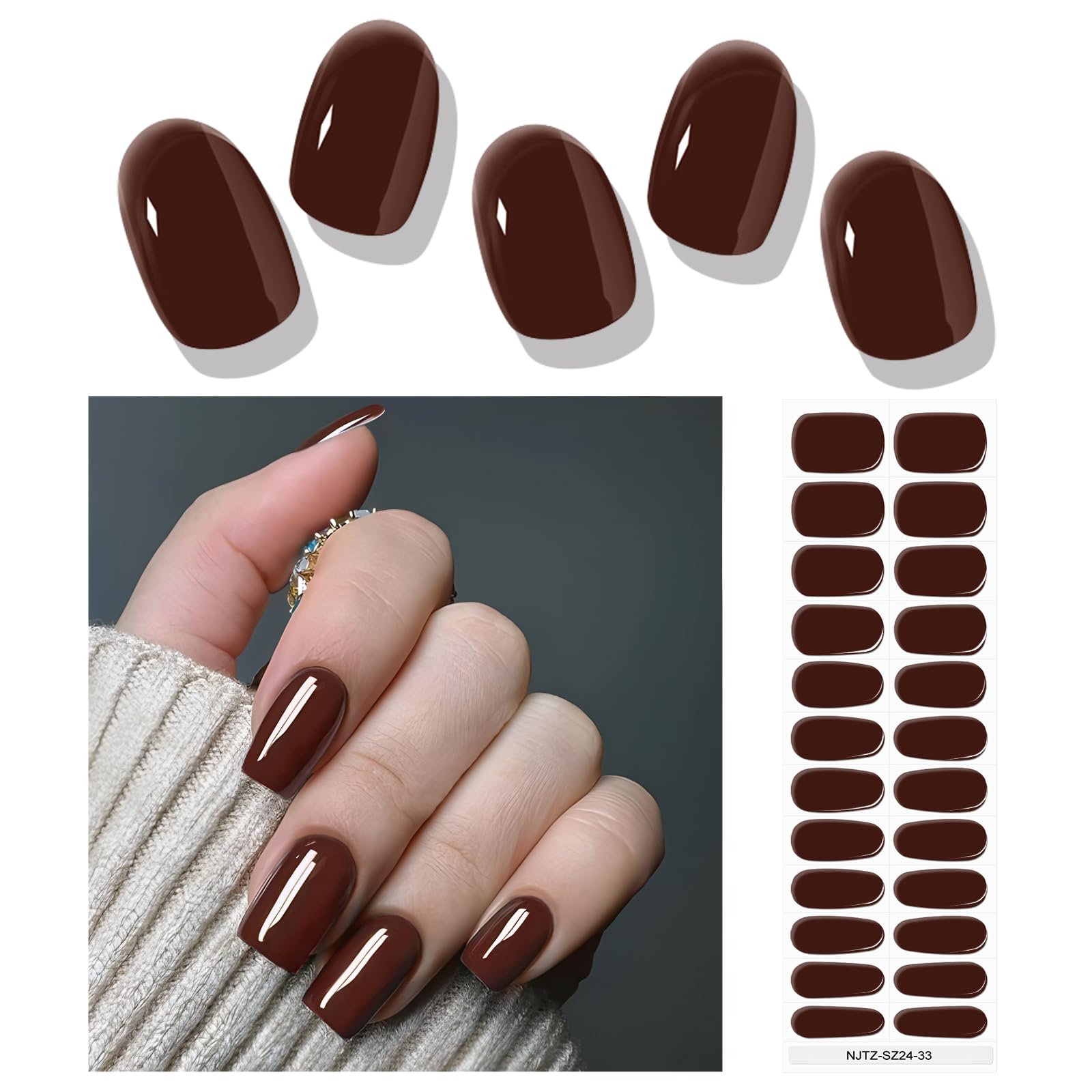 Ebanku 24Pcs Semi-Cured Gel Nail Strips,Chocolate Nail Sticker, Lasting Waterproof Full Nail Wraps Stickers For Salon Manicures,
