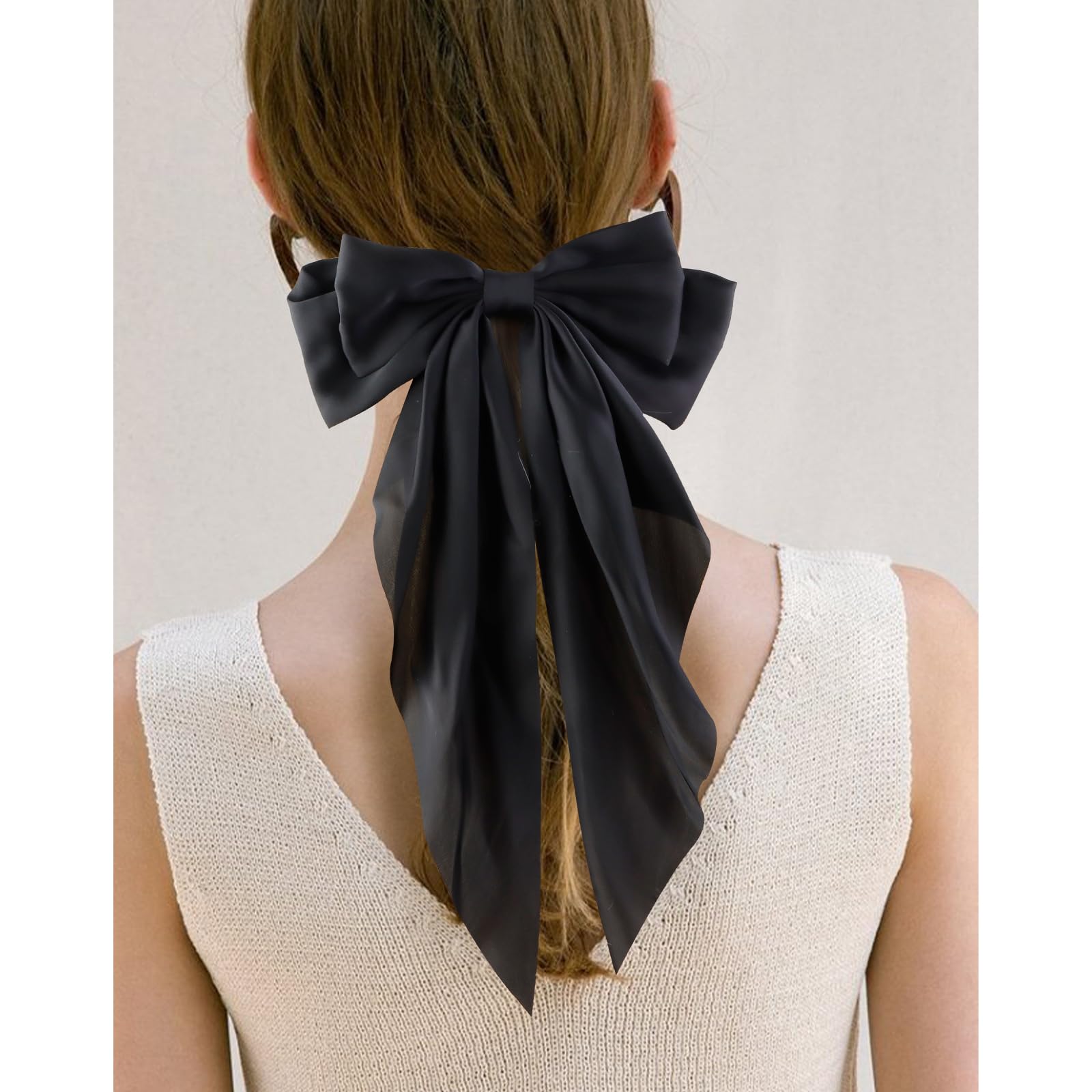 Canitor Hair Bows For Women Silky Satin Hair Ribbon Hair Barrettes Clip Oversized Long Tail Black White Hair Bows Cute Aesthetic