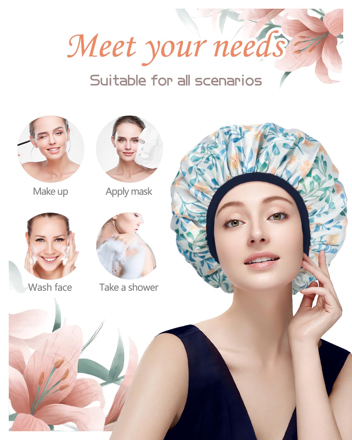 Gootty Terry Lined Reusable Shower Cap - Waterproof Large Green Cap for Long Thick Hair