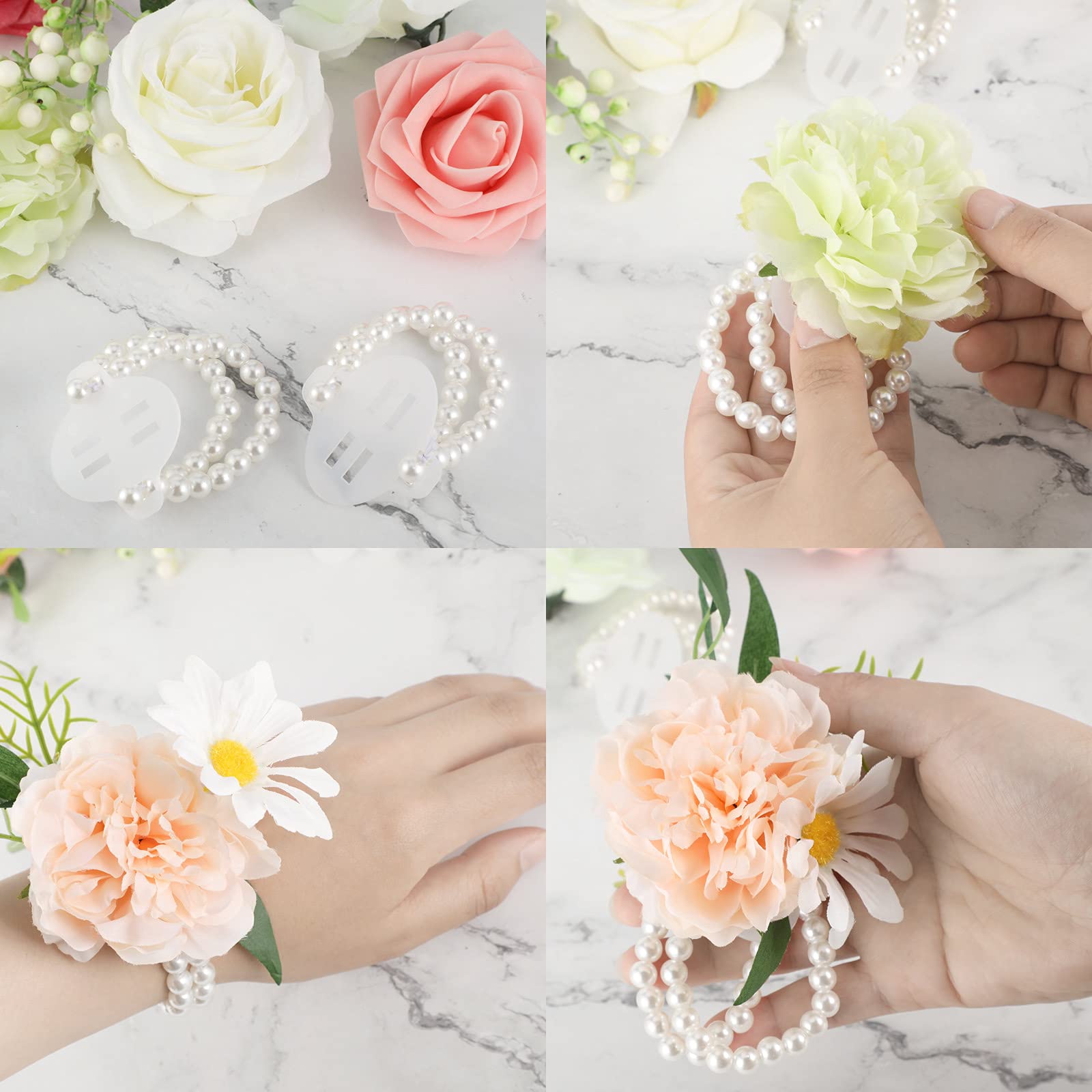 4 Pieces Corsage Wristlet Band Elastic Pearl Wrist Wedding Corsage Pearl Bracelet Stretch Pearl Wedding Wristband Faux Pearl Bea
