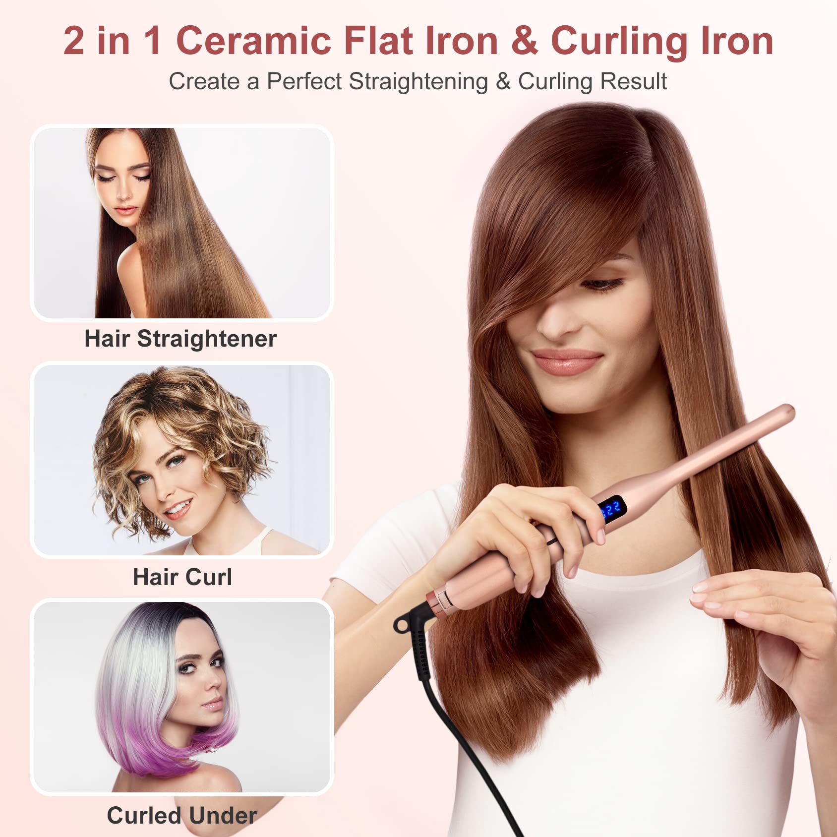 Pencil Flat Iron for Short Hair, Pro Straightener and Curler 2 in 1 Ceramic Mini Small Flat Iron for Short Hair, Beards & Pixies