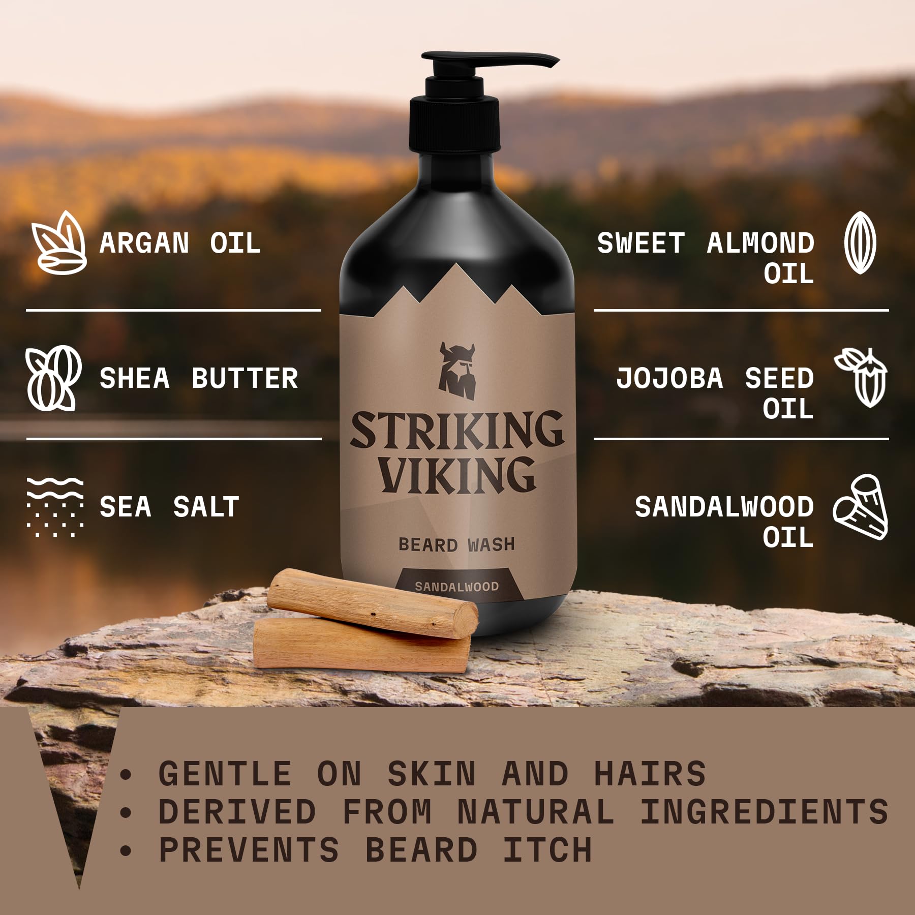 Striking Viking Beard Wash/Beard Shampoo (17 Oz) Sandalwood Scent - Beard Shampoo For Men Paraben & Sulfate Free - Deep Cleansin
