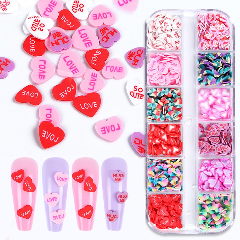 12 Grids Valentine Love Hearts Slice Nail Art Glitter Sequins,3D Heart Shape Candy Colors Nail Sequins Flake Charms for Women Gi