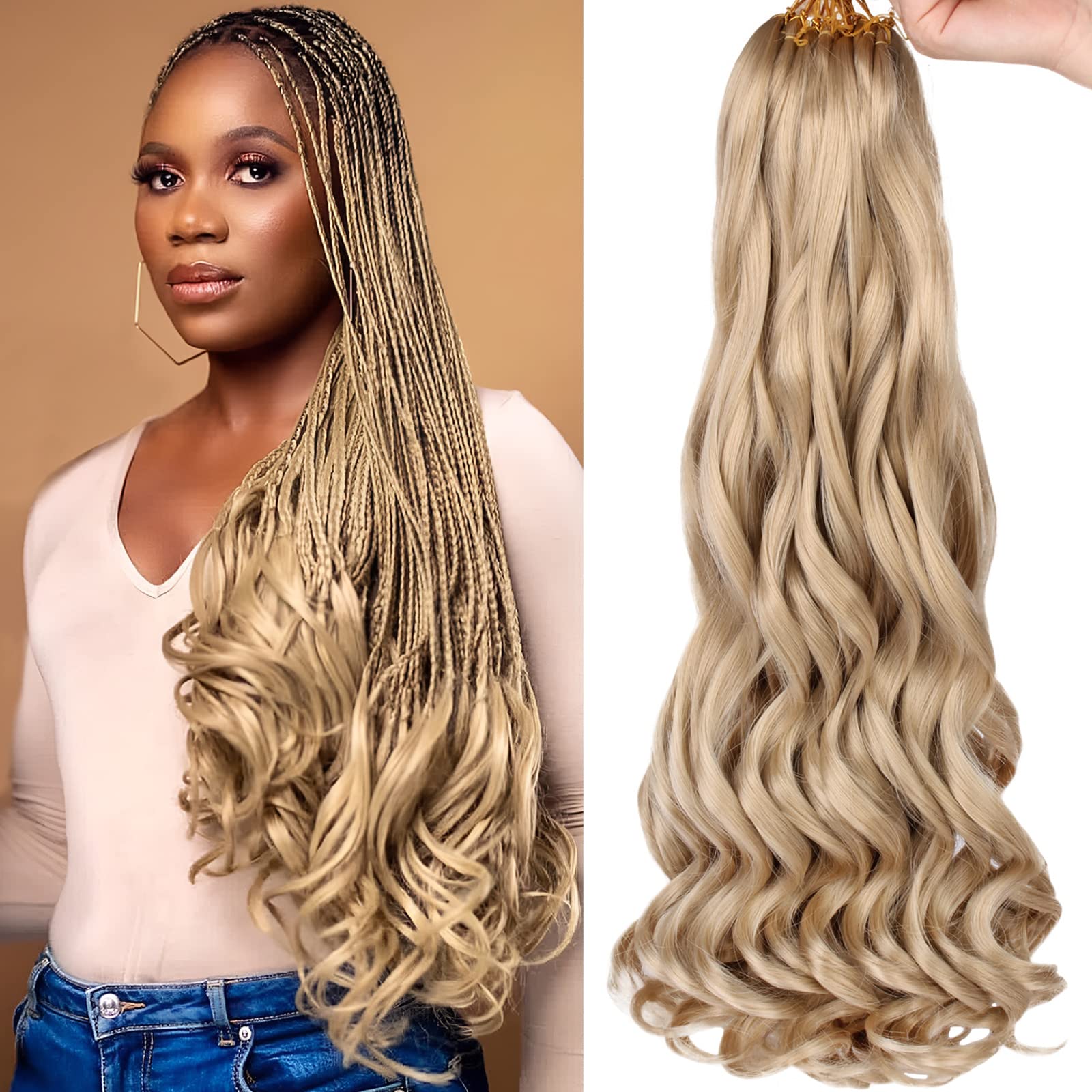 COOKOO 22 Inch French Curly Braiding Hair 2 Packs Pre Stretched Braiding Hair with Curly Ends Soft Yaki Texture Crochet Hair Loo