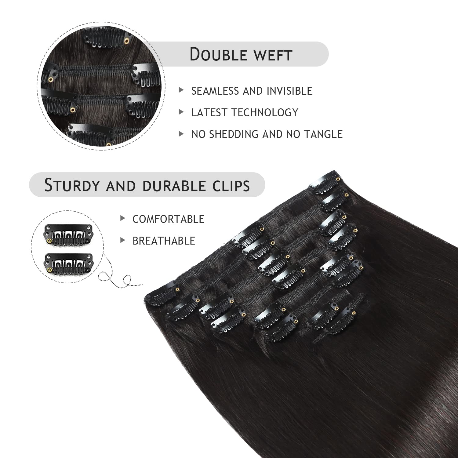 YILITE Real Hair Extensions Clip in Human Hair 8Pcs 120g Off Black Full Head Double Weft Invisible Straight Remy Clip in Hair ex