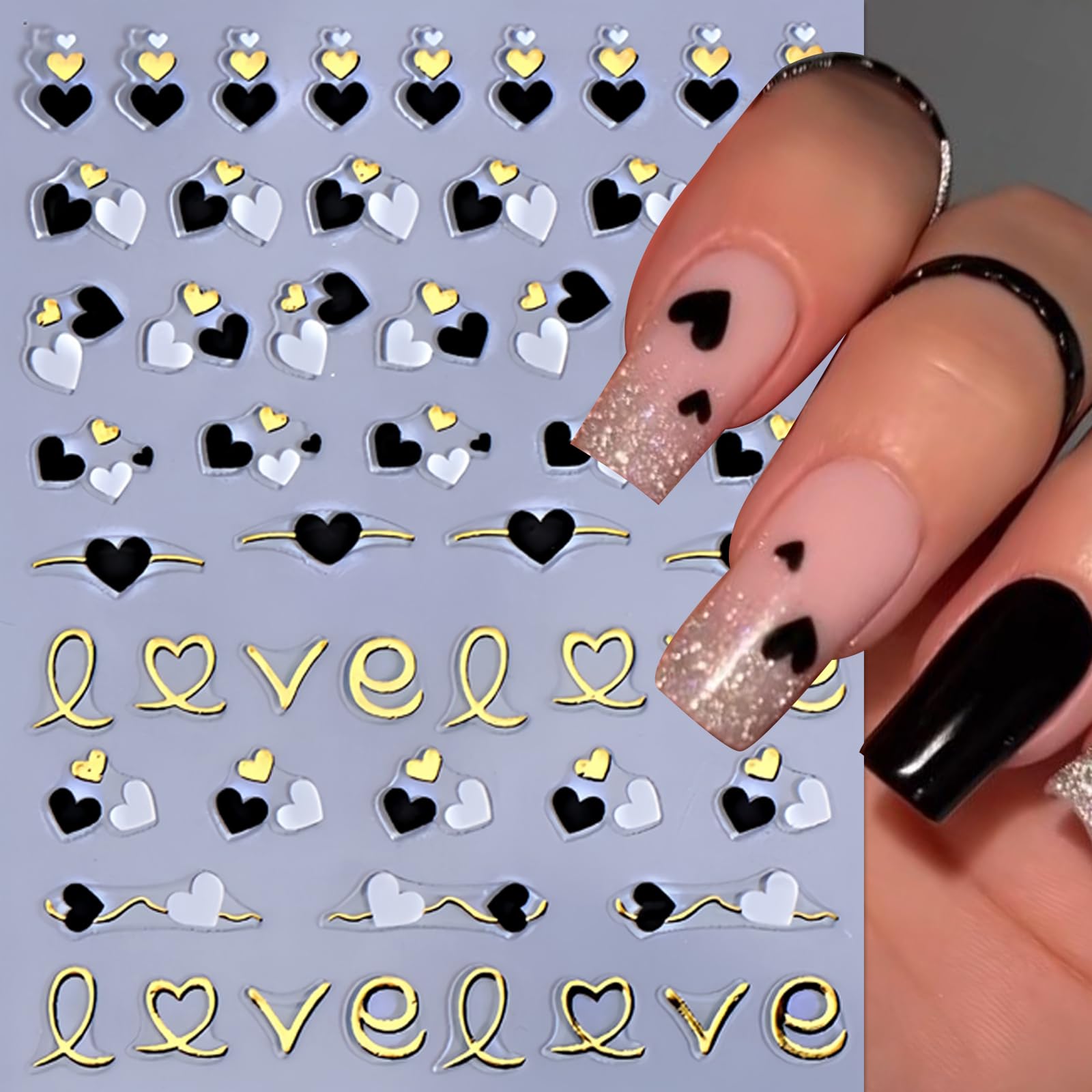 8 Sheets Heart Nail Stickers For Nail Art Black Gold Heart Love Nail Decals 3D Self Adhesive Metallic Love Letter Crown Nail Des