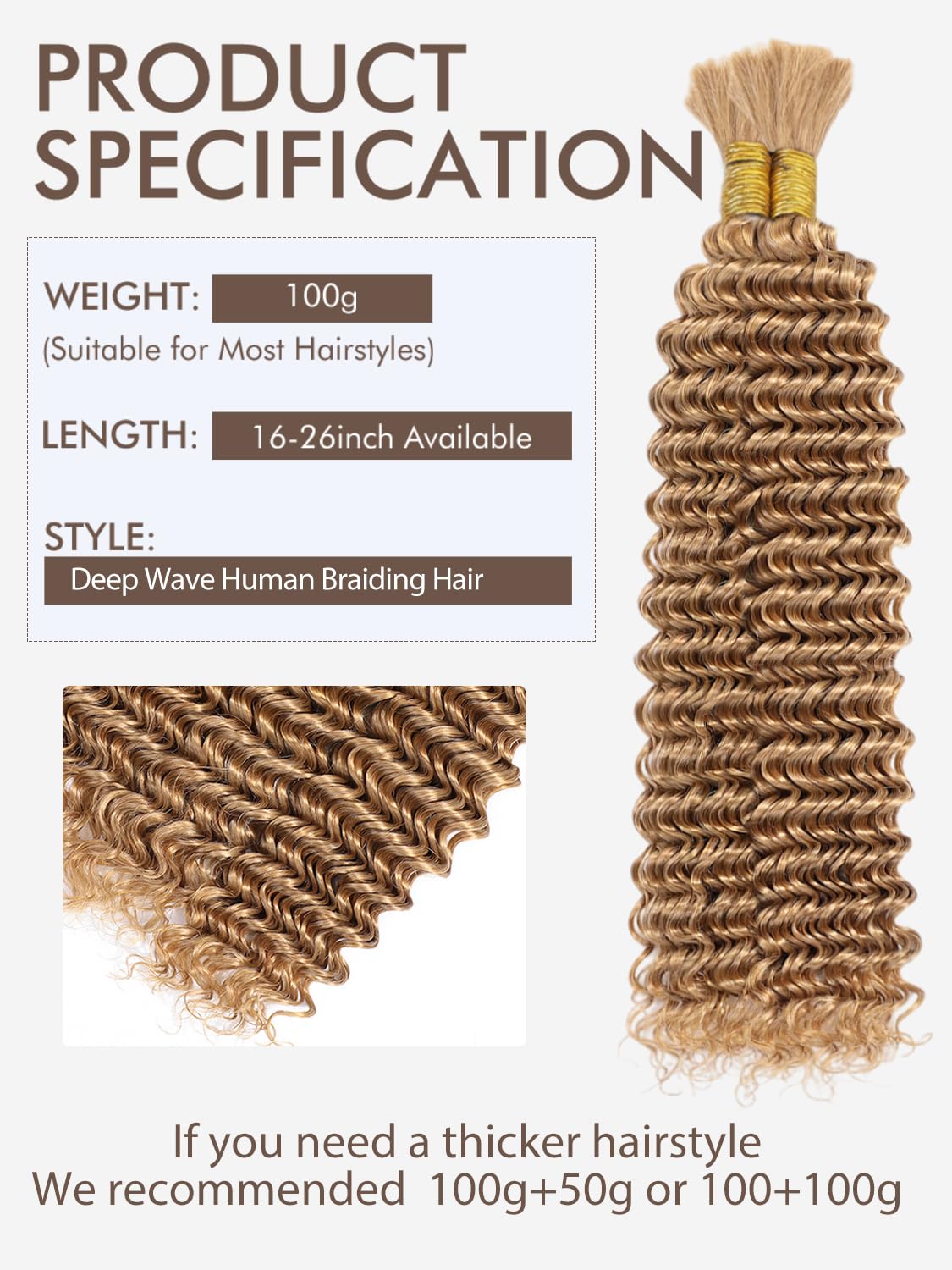 Blonde Braiding Hair 100G 22 Inch Deep Water Wave 2 Bundle Bulk Human Hair For Braiding Brazilian Virgin Curly Braiding Hair For
