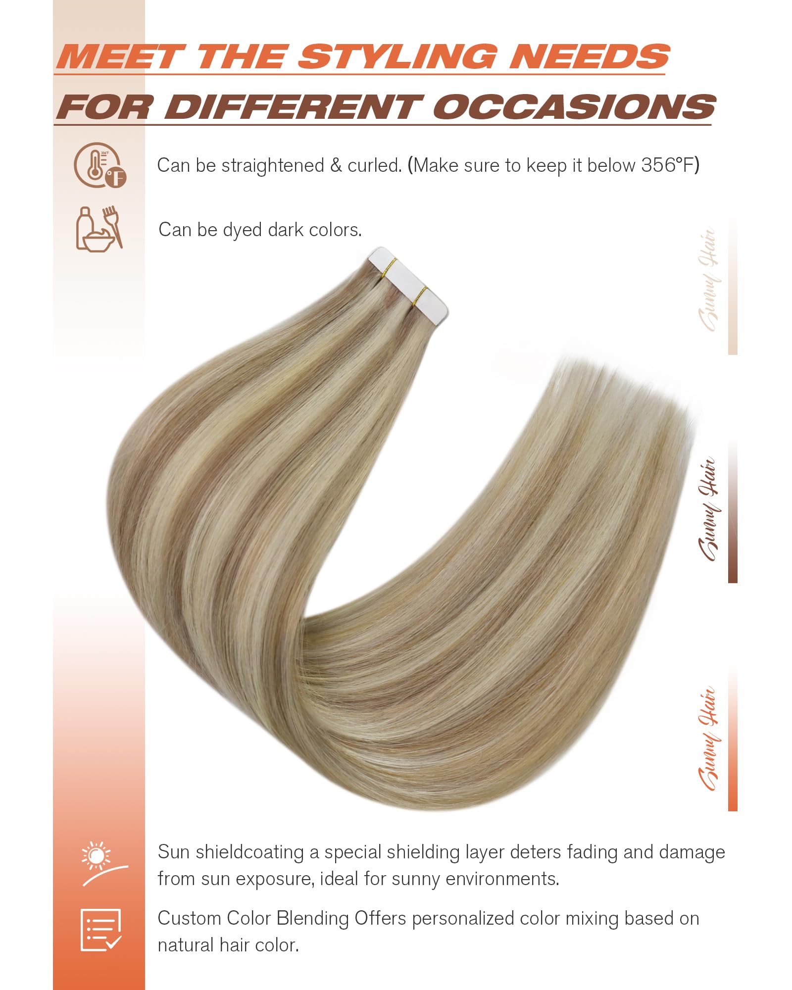 Sunny Hair Tape in Hair Extensions Real Human Hair Invisible Remy Hair Extensions Tape ins for Women Lightest Brown Highlight Pl