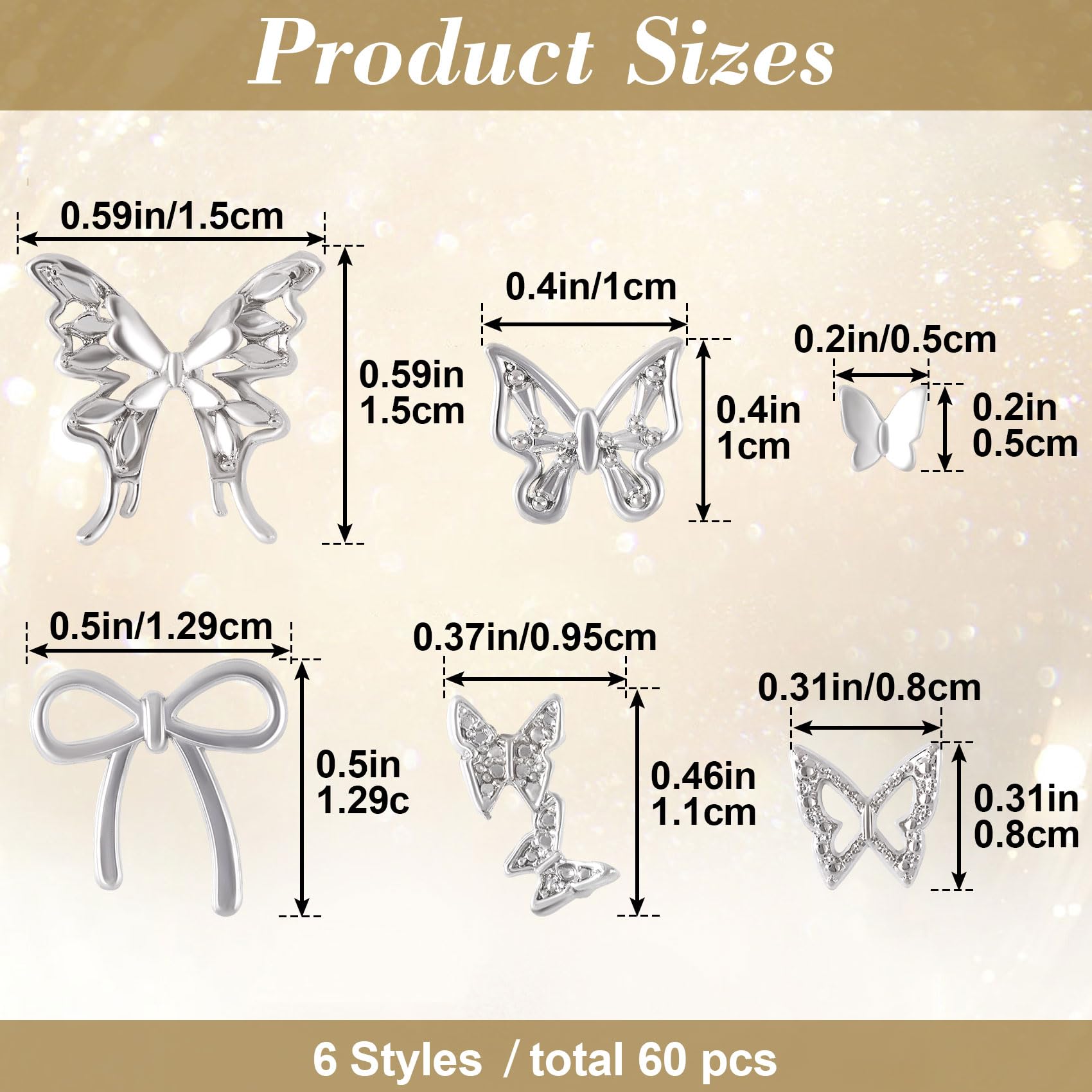 Hinzic 60Pcs Bow Nail Charm 6 Styles Silver Butterfly Nail Rhinestones 3D Mini Alloy Bowknot Diamond Gems Wedding Prom Crystal D