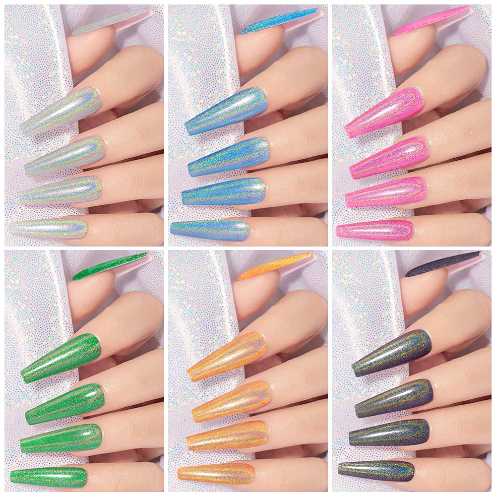 Mizhse 6 Glitter Gel Nail Polish, 6 Holographic Gel Nail Polish, Sparkle Shiny Glitter Gel Polish Glossy Nail Lacquer Rainbow Ir
