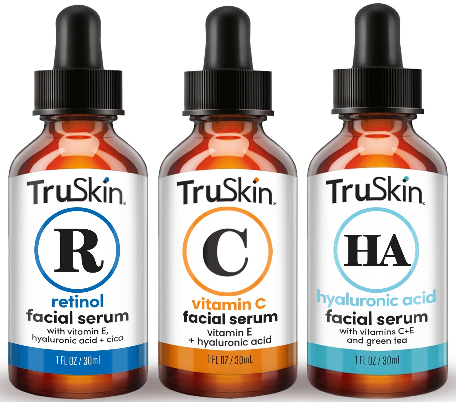 TruSkin Face Serum Trio - Vitamin C, Retinol & Hyaluronic Acid Anti-Aging Serums for Face - AM, PM & All-Day Skincare Routine - 