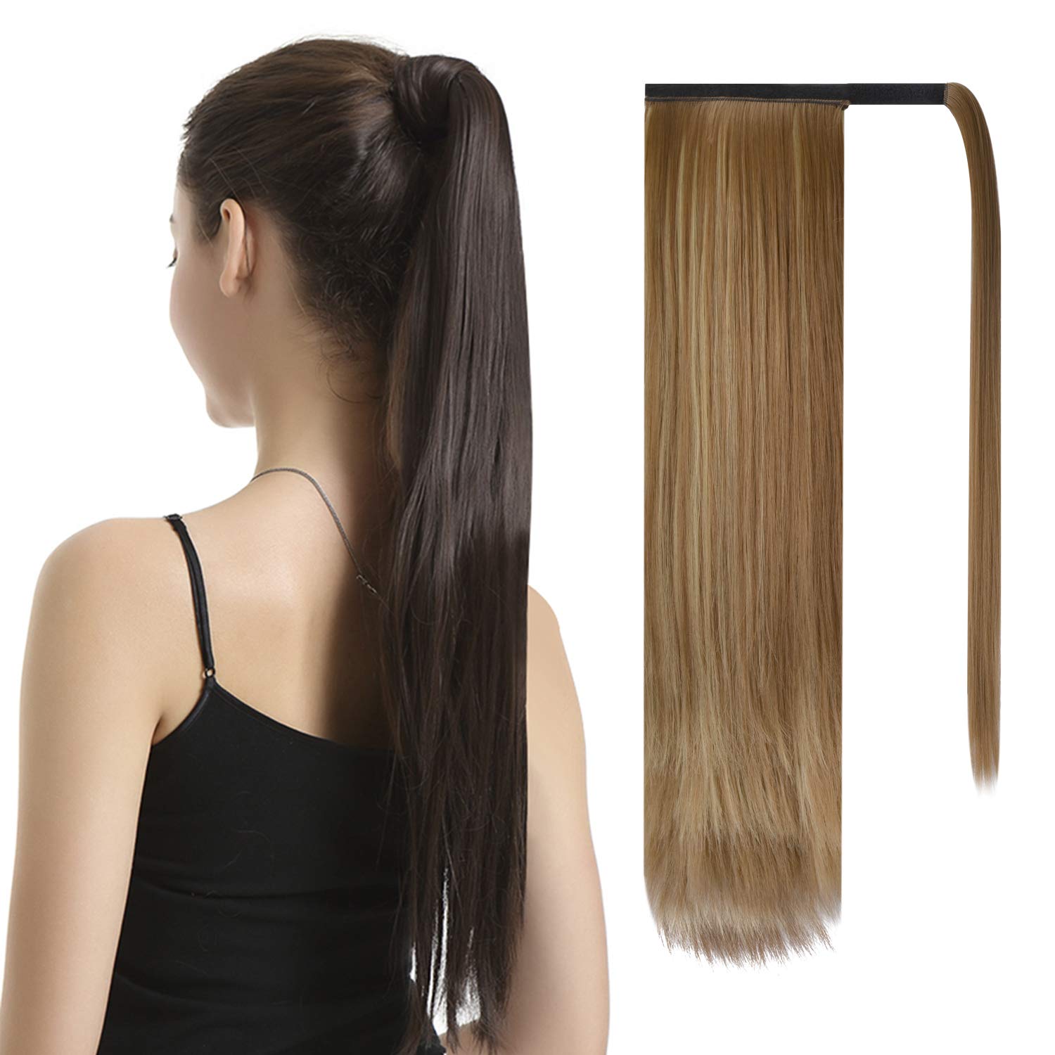 BARSDAR 24 inch Ponytail Extension Long Straight Wrap Around Clip in Synthetic Fiber Hair for Women - Brown & Blonde