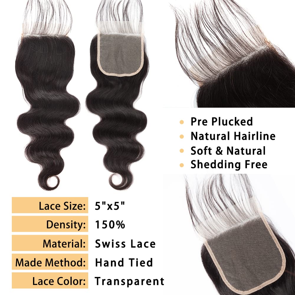 12A Body Wave 3 Bundles With 5  5 Hd Lace Closure (20 22 24+18'') 100% Unprocessed Brazilian Virgin Body Wave Human Hair Weave B