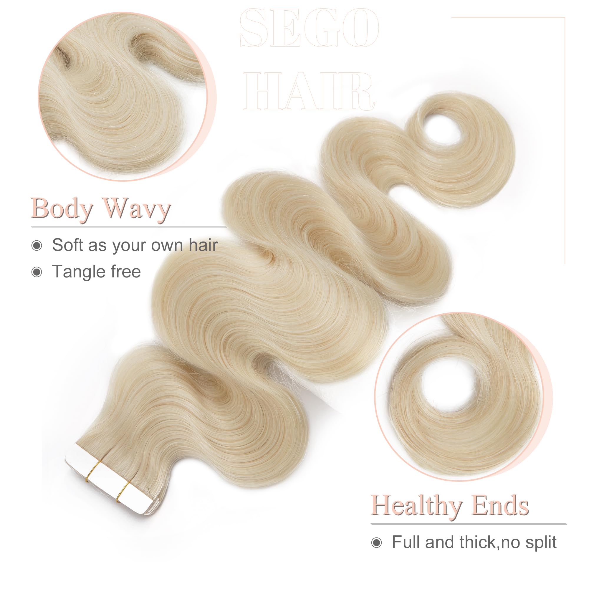 SEGO Tape in Hair Extensions Wavy 18 Inch Natural 100% Remy Human Hair Real Seamless Skin Weft Invisible Rooted Double Sided Tap